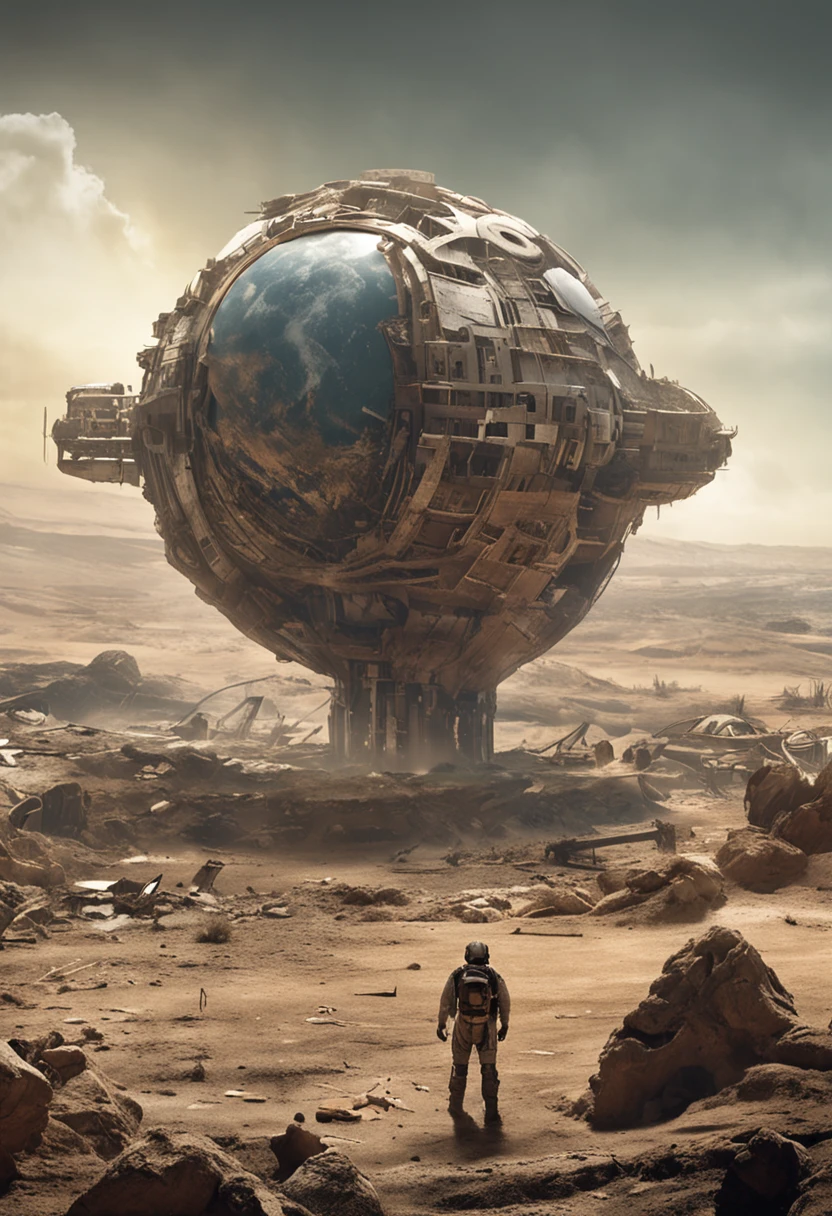 ZA masterpiece,True HD photos,high detal,Highest definition,8K,Leica lens,Set against the backdrop of the Wasteland planet,Depicting the futuristic world of science fiction。The planet looks like it's going through a disaster,Ruins are everywhere,Dilapidated。There should be a lot of exposed mechanical equipment and ancient electronics in the picture,This hint indicates,Earth's past may have been home to high-tech civilizations。。 Against the backdrop of this wasteland planet,Please depict a giant planet in the center of the screen,It looks like a huge eye,It is surrounded by many small flying machines。This huge planet should be the protagonist of this photo,It emits a faint glow,It gives a mysterious feeling。 On the right side of the screen,Depicting a robot in a spacesuit,It stands on the ruins,Face the giant planet in the center of the picture。The design of this robot should be futuristic,Oriental touch,High-grade materials and complex mechanical structure are used。Its head should have a transparent mask,You can see the human face inside。 In front of robots,Depict ancient books or maps,It is painted with various mysterious symbols and patterns。Next to the book or map,Portrays a tired and determined scientist,He is working on this prop,It seems to be looking for some kind of answer or clue。 Somewhere on this wasteland planet,Depicting a forgotten human community,They are trying to survive and rebuild civilization。This neighborhood should have a strong wasteland and Chinese style,People wore shabby clothes and protective gear,They search for food and resources in the ruins,They are also trying to rebuild their past。Above the barren star, there is a dragon king of Chinese mythology,Looking down on the abandoned civilization from above。