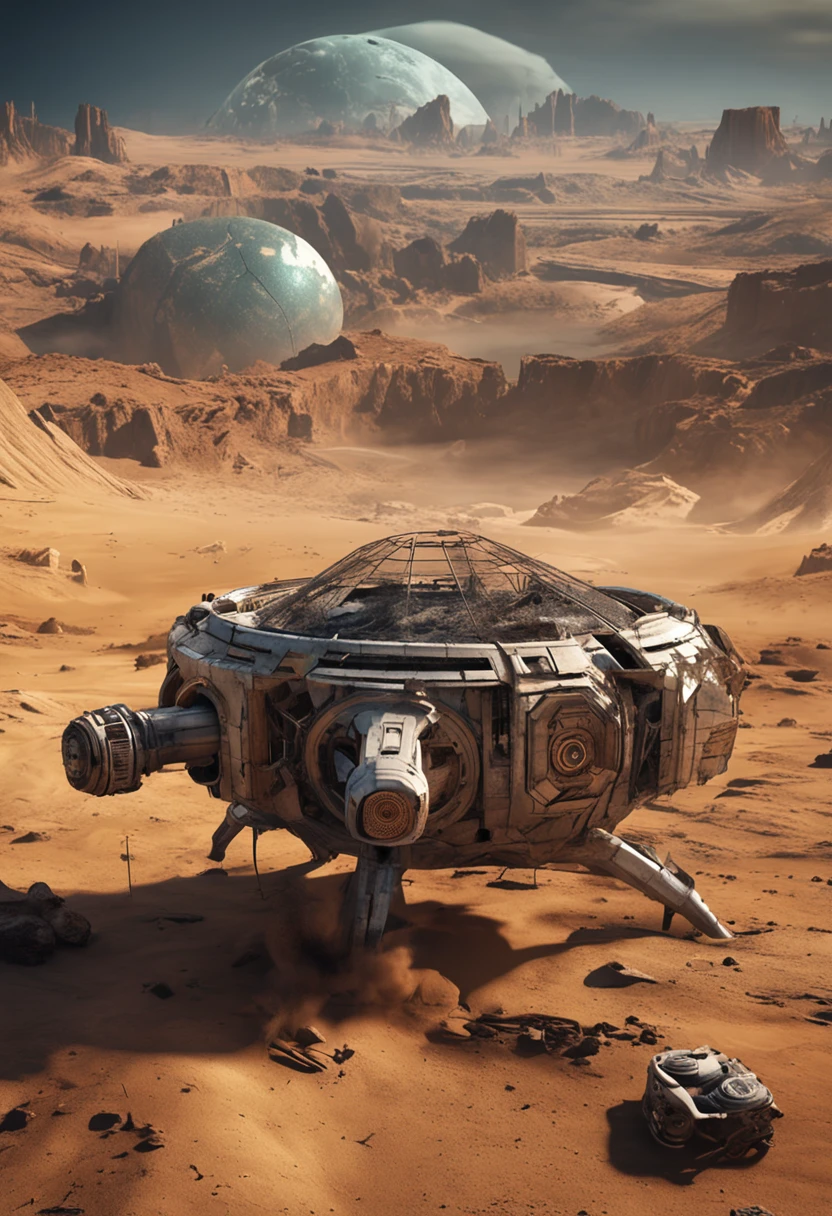 ZA masterpiece,True HD photos,high detal,Highest definition,8K,Leica lens,Set against the backdrop of the Wasteland planet,Depicting the futuristic world of science fiction。The planet looks like it's going through a disaster,Ruins are everywhere,Dilapidated。There should be a lot of exposed mechanical equipment and ancient electronics in the picture,This hint indicates,Earth's past may have been home to high-tech civilizations。。 Against the backdrop of this wasteland planet,Please depict a giant planet in the center of the screen,It looks like a huge eye,It is surrounded by many small flying machines。This huge planet should be the protagonist of this photo,It emits a faint glow,It gives a mysterious feeling。 On the right side of the screen,Depicting a robot in a spacesuit,It stands on the ruins,Face the giant planet in the center of the picture。The design of this robot should be futuristic,Oriental touch,High-grade materials and complex mechanical structure are used。Its head should have a transparent mask,You can see the human face inside。 In front of robots,Depict ancient books or maps,It is painted with various mysterious symbols and patterns。Next to the book or map,Portrays a tired and determined scientist,He is working on this prop,It seems to be looking for some kind of answer or clue。 Somewhere on this wasteland planet,Depicting a forgotten human community,They are trying to survive and rebuild civilization。This neighborhood should have a strong wasteland and Chinese style,People wore shabby clothes and protective gear,They search for food and resources in the ruins,They are also trying to rebuild their past。Above the barren star, there is a dragon king of Chinese mythology,Looking down on the abandoned civilization from above。