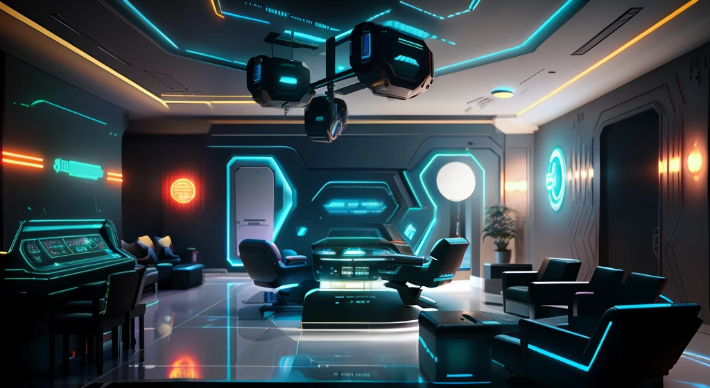 In the middle of the room is a casino table with a piano, Game room in 2 0 4 0, Futuristic room, Sci-fi room, 3 d render beeple, Futuristic setting, in style of beeple, cyberpunk garage on jupiter, In the room, designed in the style of cyberpunk, Cyberpunk interior, Futuristic decoration, Cyberpunk Apartments, Futuristic casino, beeple rendering