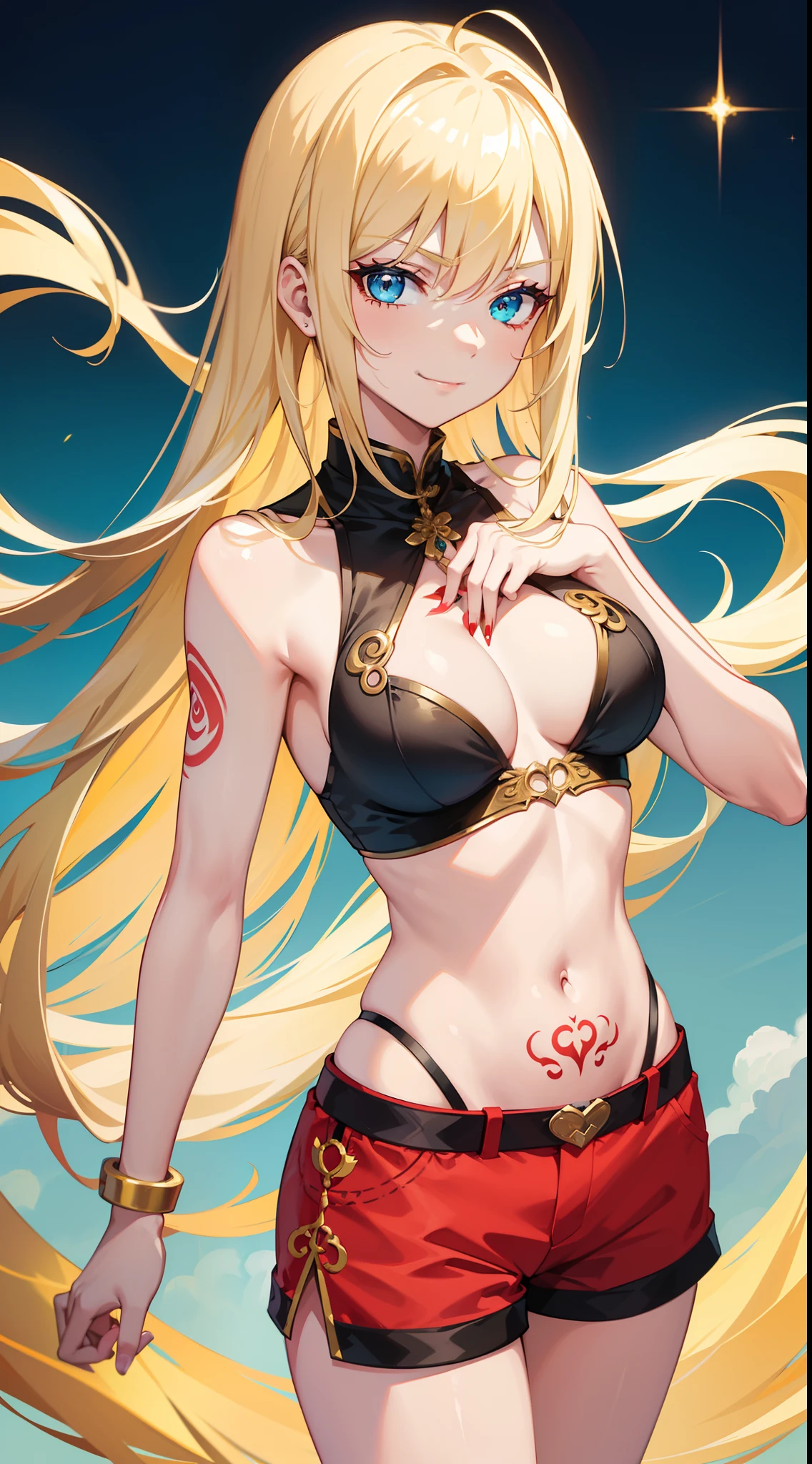 young girl, longue blonde hair, Cyan eyes, Tatoo, smirk, Red Chinese Top, Sleeveless, neckline on the chest, open breasts, Gold Elements, Shorts, tmasterpiece, hiquality