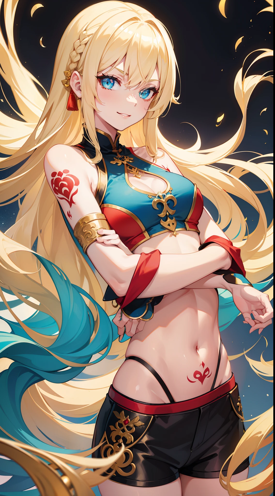 young girl, longue blonde hair, Cyan eyes, Tatoo, smirk, Red Chinese Top, Sleeveless, neckline on the chest, open breasts, Gold Elements, Shorts, tmasterpiece, hiquality