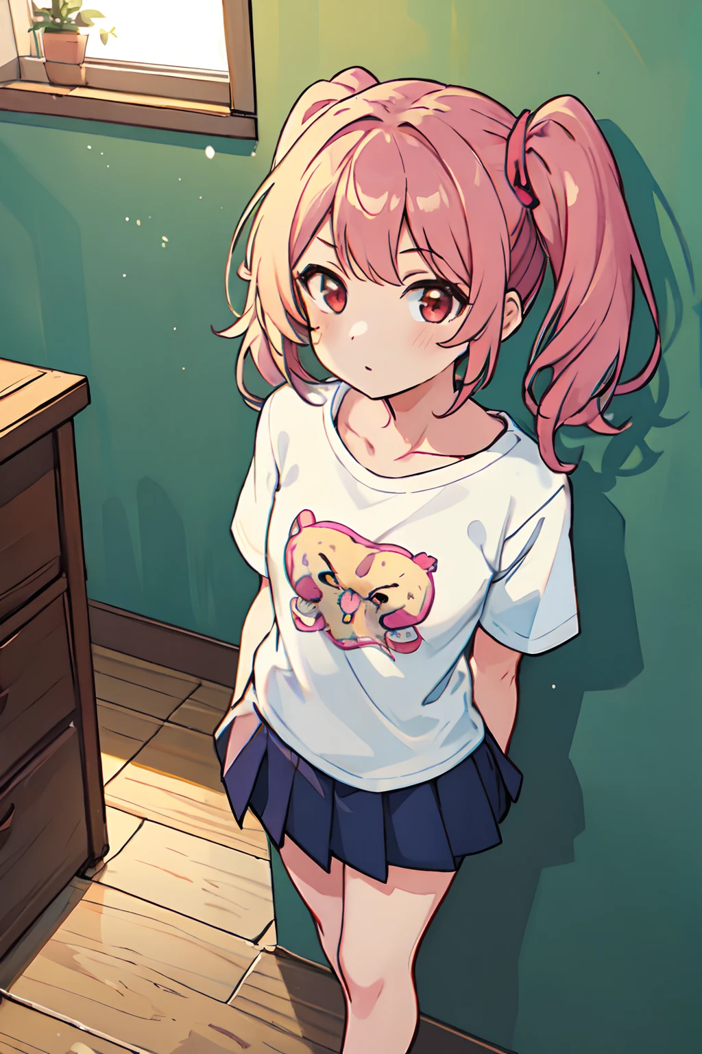 1girl, pov, from above, standing, casual clothes, twintails, t-shirt, skirt, bedroom, wall, window, wide angle