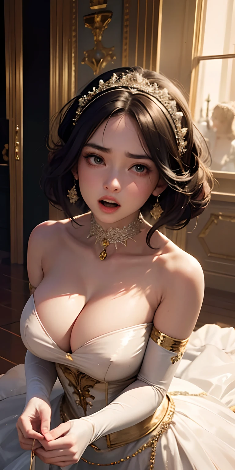 realisticlying, girl,Dressed in classical ballet costumes shown here,Face Real,Looking up from the bottom、yawning,Cleavage emphasis,Opera House,Breasts enlarged,Cleavage emphasis,Extra large zoom on chest,Chest zoom