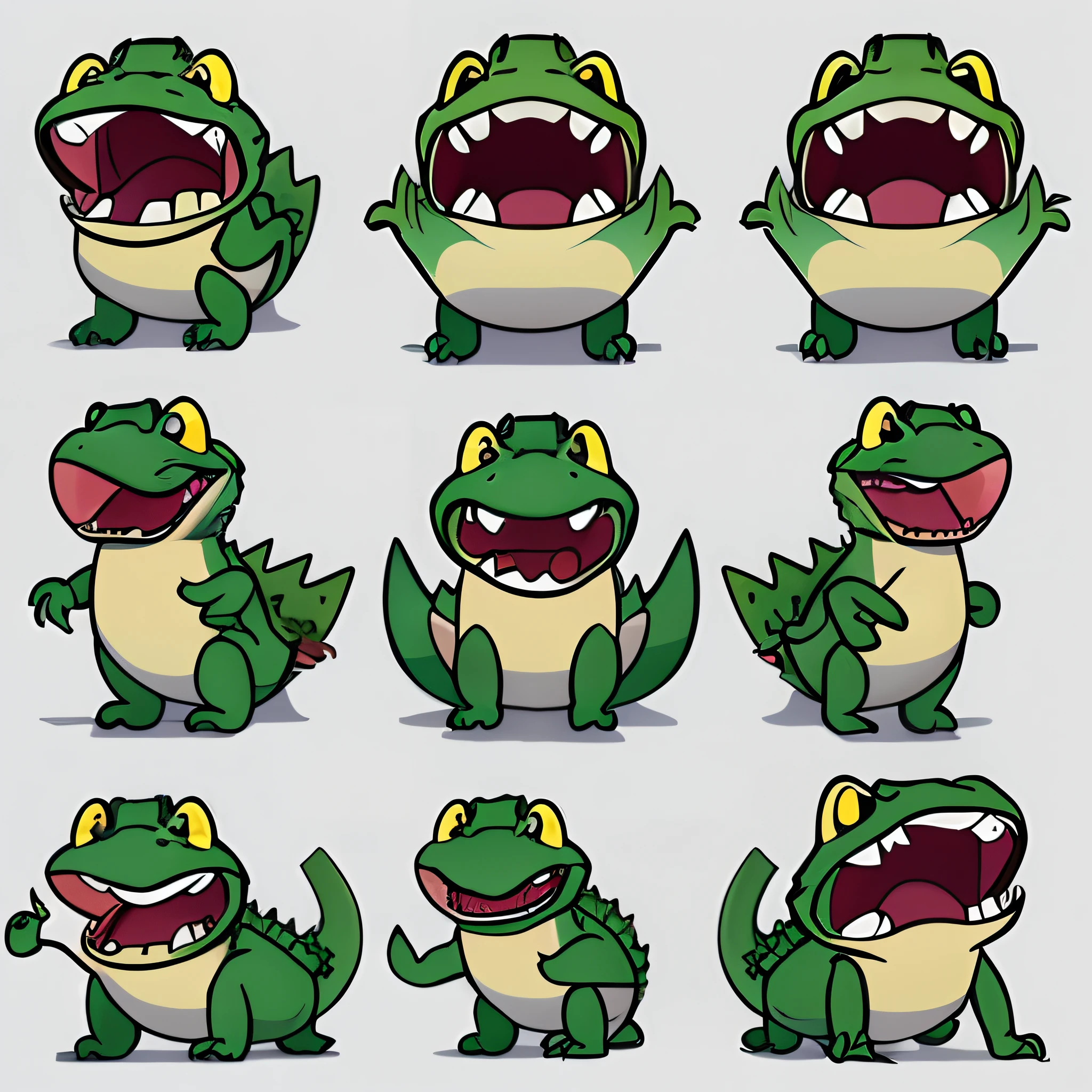 A group of cartoon crocodiles with different expressions and expressions, anthropomorphic alligator, cartoonish vector style, lizardfolk, crocodile reptilian motifs, spritesheet, lizard, alligators, spritesheet, reptoids, mascot illustrations, alligators, reptil, Cartoon illustration, crocodile - like teeth, all teeth, inspired by Adam Rex，16 figures