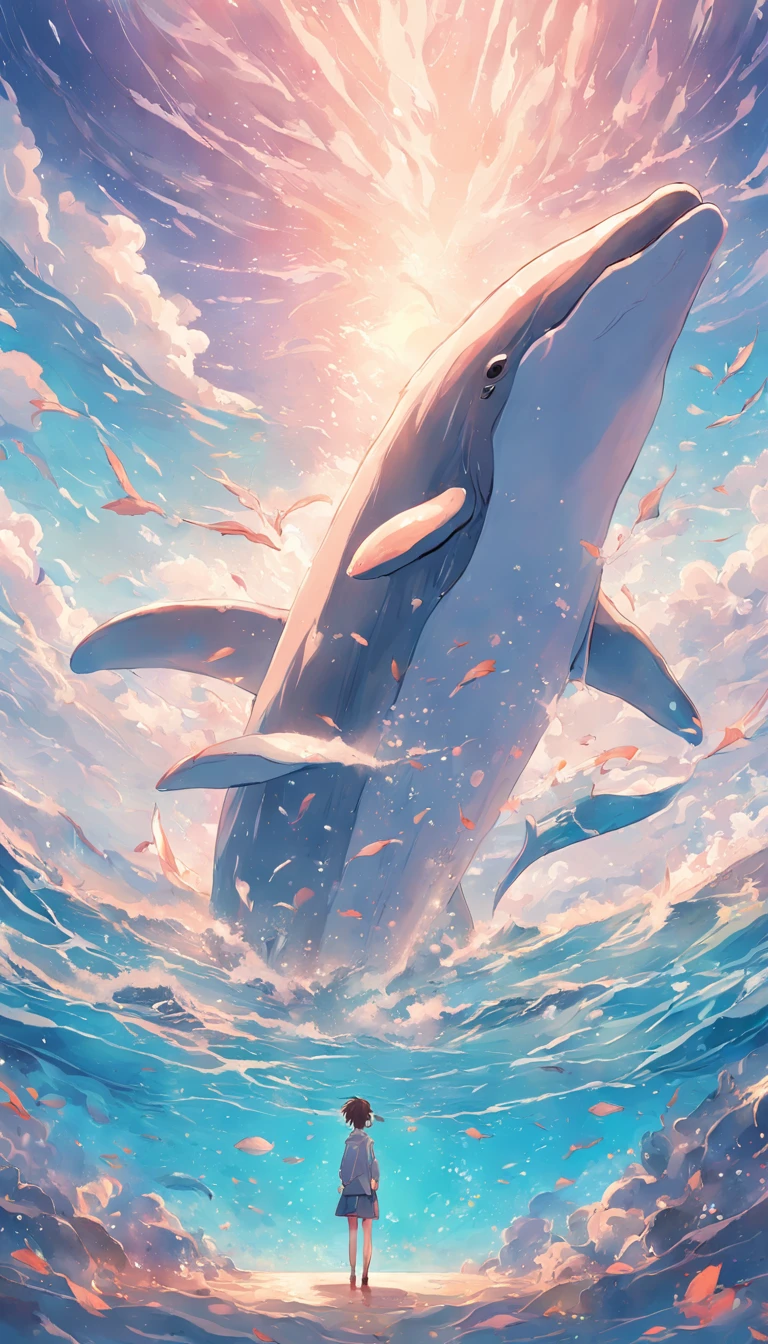 Painting of a dolphin swimming in colorful ocean, Look up at the composition,sky whales, Inspired by Cyril Rolando, dreamy psychedelic anime, colorful anime movie background, A beautiful artwork illustration, author:Shitao, colorful concept art, Makoto Shinkai Cyril Rolando, In the style of Cyril Rolando, flying whale, Highly detailed watercolor 8K, highly detailed water colour 8 k,octane,Fine,Realistic,8K,Estilo de Makoto Shinkai( reasonable design, Clear lines, High sharpness,Best quality, Very detailed, Masterpiece, movie light effect, 4K )