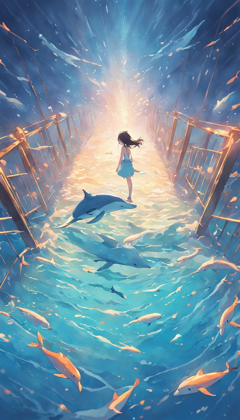 Painting of a dolphin swimming in colorful ocean, Look up at the composition，sky whales, Inspired by Cyril Rolando, dreamy psychedelic anime, colorful anime movie background, A beautiful artwork illustration, author：Shitao, colorful concept art, Makoto Shinkai Cyril Rolando, In the style of Cyril Rolando, flying whale, Highly detailed watercolor 8K, highly detailed water colour 8 k，octane，Fine，Realistic，8K，Estilo de Makoto Shinkai( reasonable design, Clear lines, High sharpness,Best quality, Very detailed, Masterpiece, movie light effect, 4K )