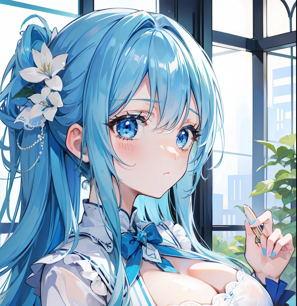 blue hairs,Blue and white clothes,Sexy big breasts,Sell cute very cute sweet girl