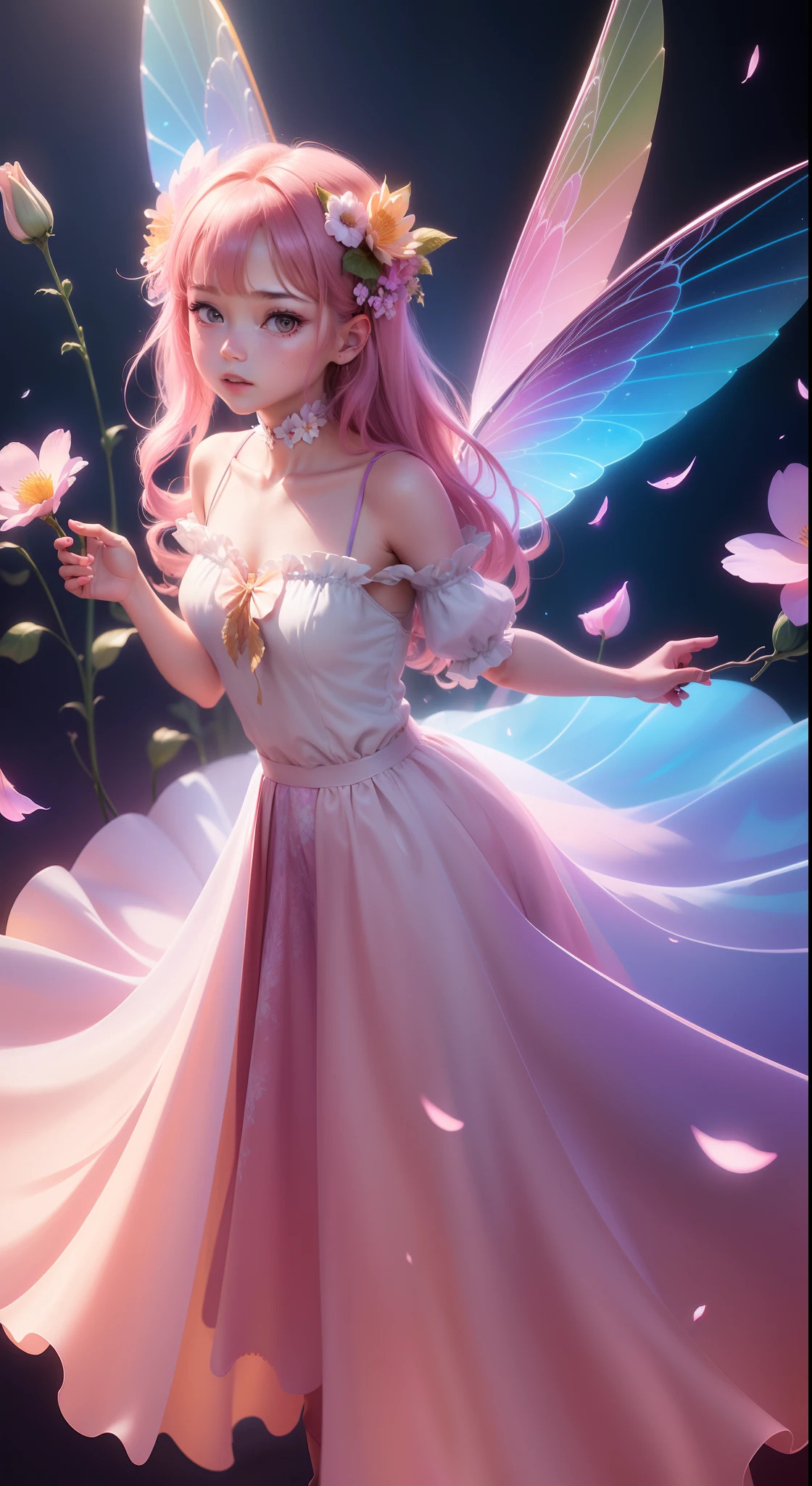 (((A girl)),Long skirt,(the Flower Fairy),(Colorful wings),Fly among the flowers,Irridescent color,The Arthur effect, Gradient translucent glass melt, Caustics, Glass texture, Irridescent color, Designed by Dietrams, Simple, Glows in high detail, industrial design, studio lit, C4D, OC renderer, Clean shadows, 4K