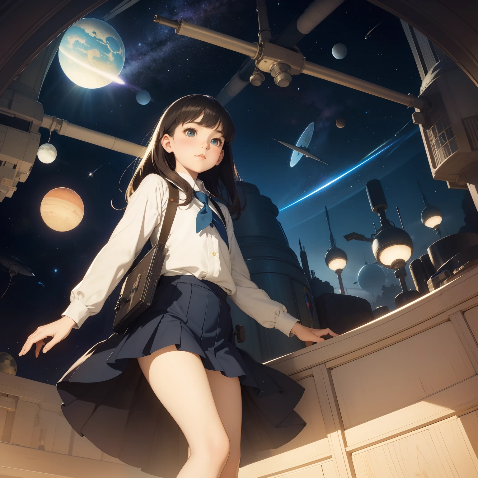 Jessie Willcox Smith　animesque　wondrous　strange　Whimsical　Sci-Fi Fantasy　Stargazing　Miniskirt schoolgirl　a beauty girl　solo girl Inverted World　solar system　ores　spaceships　astronomical telescope　crescent　Meteorite Museum