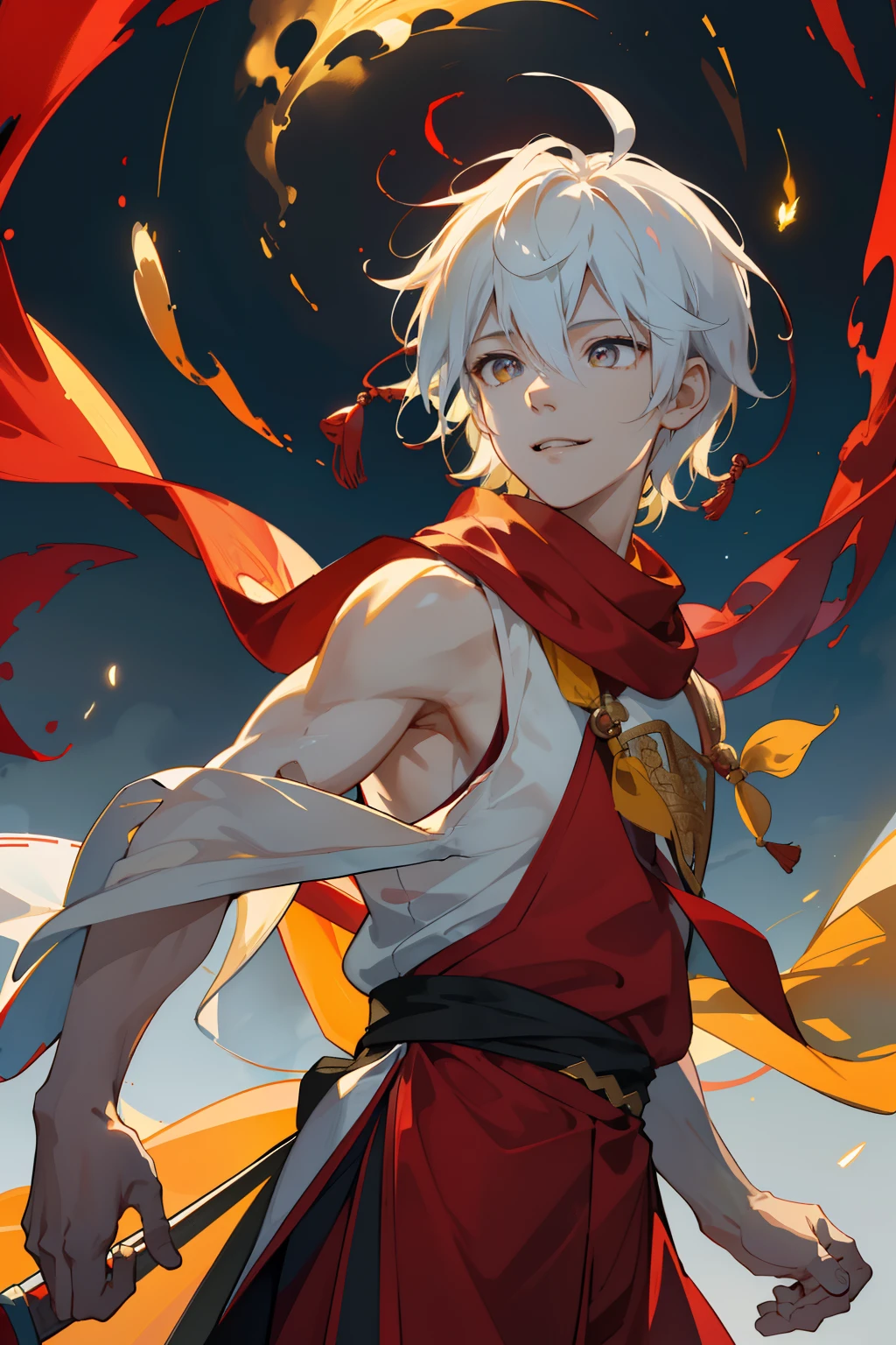A -yeld bon Chinese mythology, (nezha),(full bodyesbian),(Side Body),(High- sharpness,ultra - detailed), tmasterpiece, best qualtiy, 独奏, Red and white pants, ssmile, finely eyes, 详细的脸, Yellow scarf, Bare arms,from below, looking down below, swirles, spark of light,modern day,Childish,adolable,vivaciousness, Eccentric,finely quality eyes, Complicated details, , 独奏, Half shot, detailedbackground,ssmile,Hovering in the air,Floating golden streamers、Red chain mail、Backlit realistic lighting、Armory、Hair flutters in the wind,(Red sleeveless Hanfu), Surrounded by ink,Surrounded by clouds, Clear face, Clear and bright eyes, High detail, (A high resolution, ultra - detailed), Cinematic lighting, Motion blur, Ray tracing, reflective light, (Close-up), Masterpiece, Best quality, High quality, Anatomically correct, Textured skin, High details, Super detail, 1080p, hyper HD,