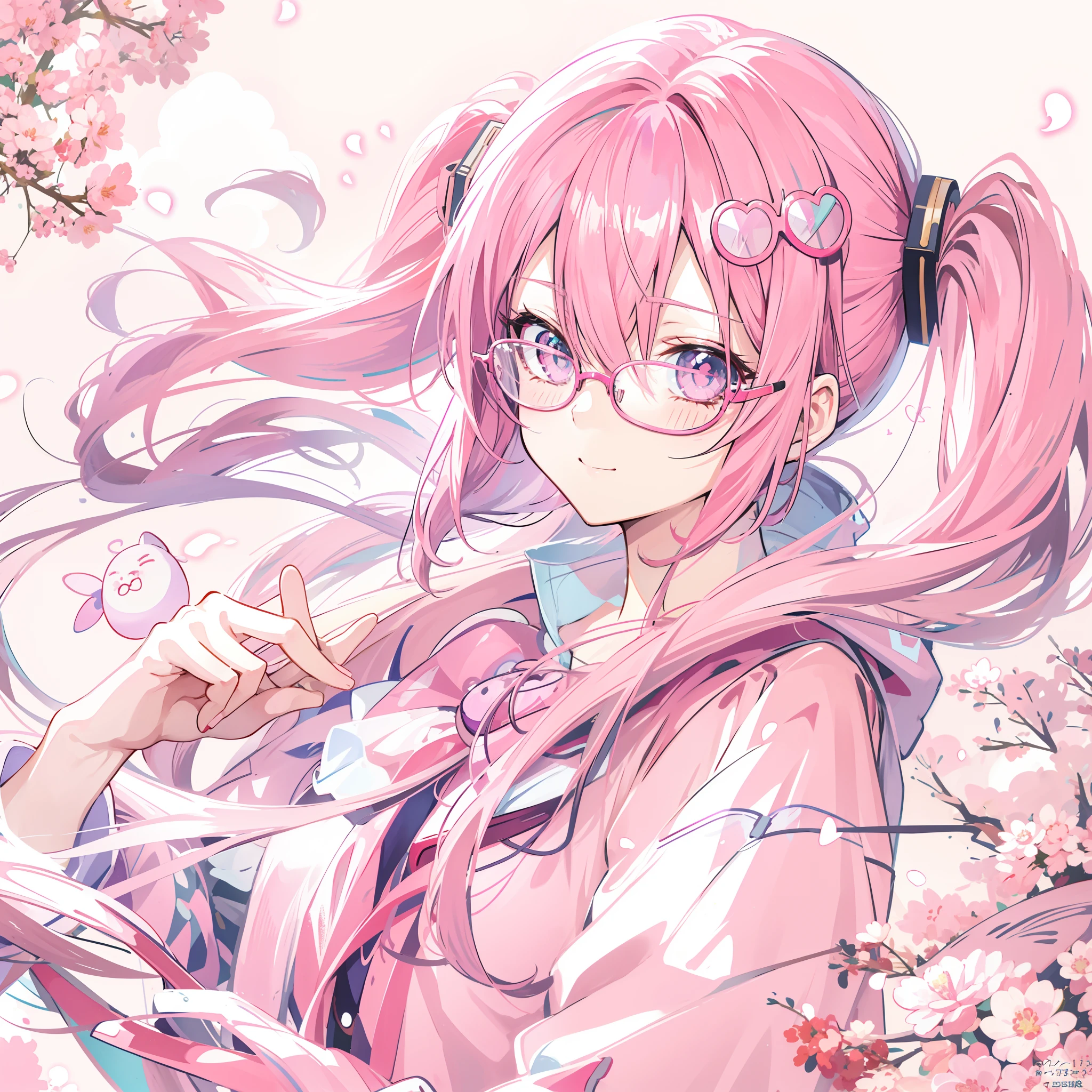 What is an anime girl with pink hair and glasses watching, [[[[grinning evily]]]], anime vibes, cute anime face, Anime moe art style, (winking), shirabii, Anime Stylization, Soft anime illustration, DDLC, flat anime style shading, Kawaii realistic portrait, pink twintail hair and cyan eyes