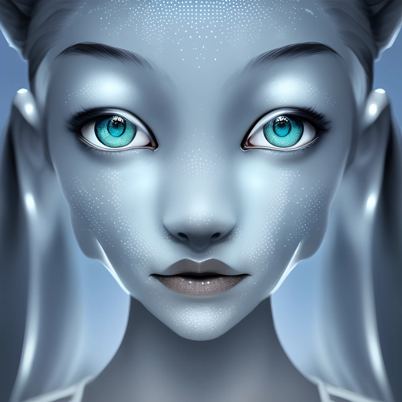 Ghostly translucent kitsune through the sky futuristic shimmering forest, soft blue glow, hyper realistic, beautiful cyber, consisting of iron and metal, hyper detailing of the face and body and eyes, mystic, , blue backlight, fantasy, fairy tropics, soft light, glitter, professional photo, beautiful,3d, realistic, 8k, high resolution, high detail, cgi, hyperrealism, f/16, 1/300s, highly detailed digital painting, photorealistic painting