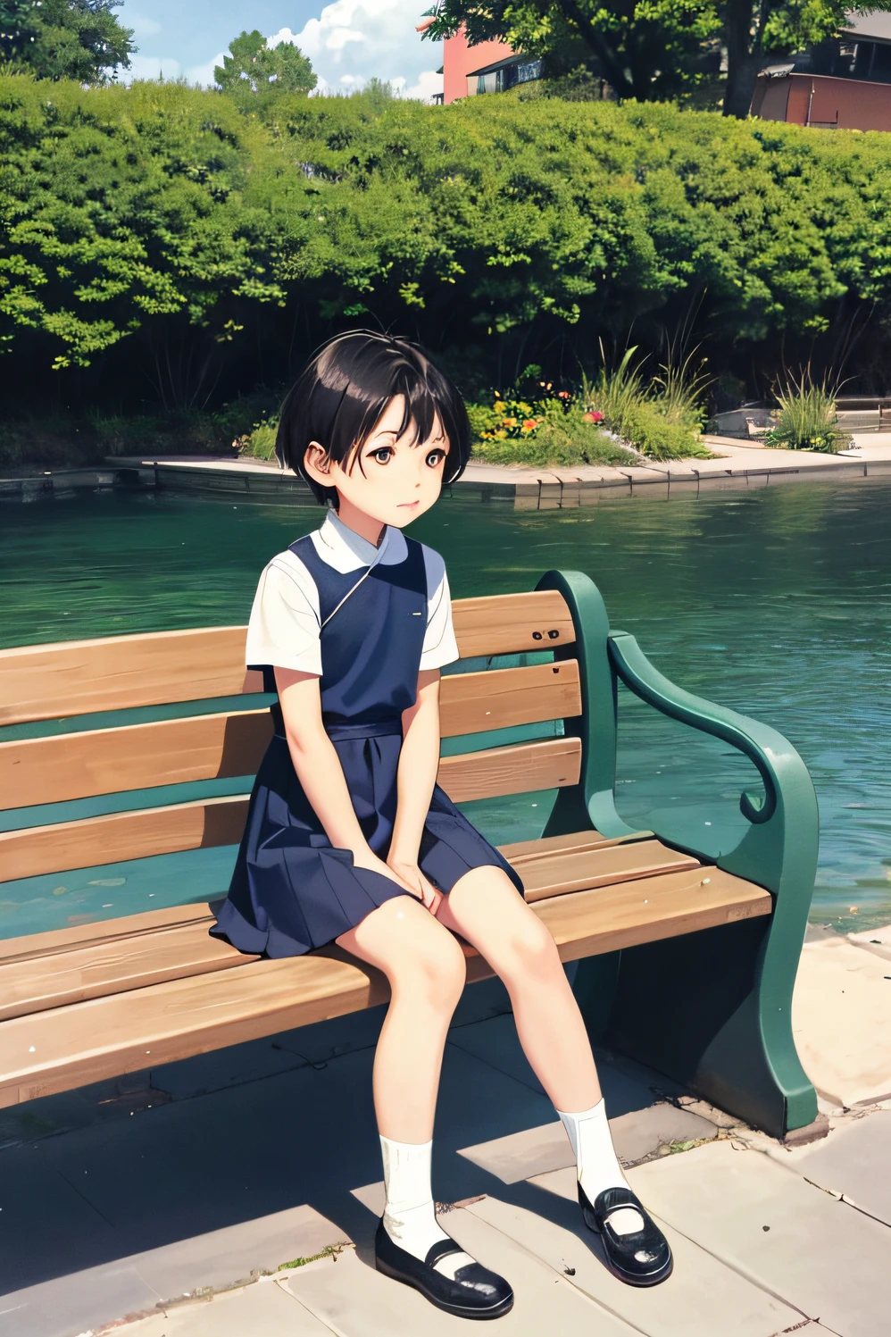 There was a small child sitting on a bench by the water, About , childhood friend, old picture, Photos of boys, taken in the late 1980s,Chinese big breasts