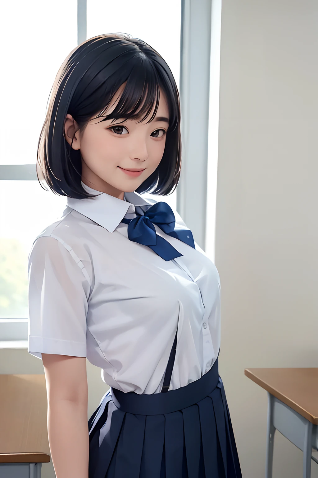 High resolution, high detailing, Dynamic Pose , Dynamic Angle, Summer, in class room, morning, Sunnyday, Country scene, look at viewr,
Bra visible through clothes, Bra white,(See-through:0.8),High School Girls, (small tits:1.1), Dynamic Pose , Dynamic Angle, Indoors, Standing,  Black hair, Short bob hair, Upper body, Backlighting,
Small eyes,( dropping eyes,:0.7) Shy,
School Blouse Uniform, Short sleeves, Dark blue pleated skirt, Long skirt , woman's hand, Little smile, Shy,