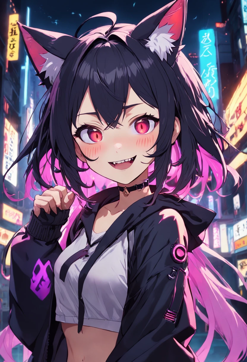 Gothic Girl, tousled, hair wavy, look at a camera, smiling, resplendent smile, Show fangs, neon light, cyberpunk clothes, Dark shades of clothes, Open mouth, Smile, tusk, Tongue out, Cat ears, Fox ears, rimless eyewear, ghibli-like colors, emphasis lines, nffsw, Super Detail, Best Quality, hight resolution, high details, Anatomically correct, Textured skin, hard disk, hard disk, 4K