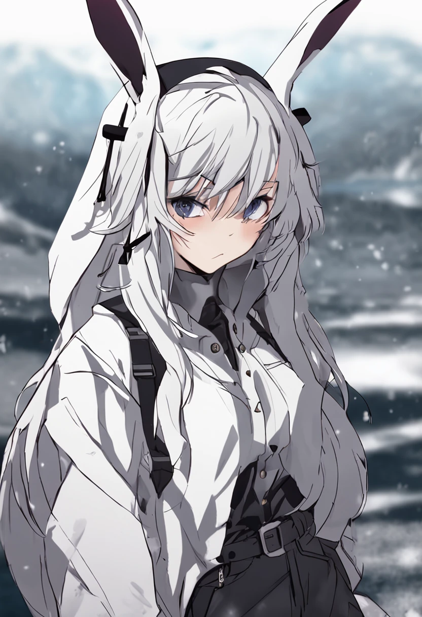 《arknight》Lapland in Phantom Black Rabbit, full bodyesbian, Long black messy hair, Crazy look, White eyes, Wear a jacket with buttons on one side, Professional artwork, High contrast, clean and meticulous anime style, Cold light, Snow