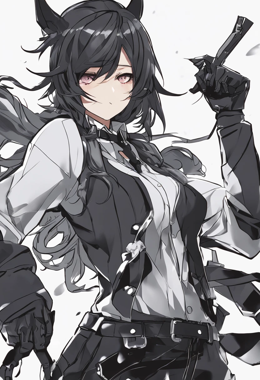 《arknight》Lapland in Phantom Black Rabbit, full bodyesbian, Long black messy hair, Crazy look, White eyes, Wear a jacket with buttons on one side, Professional artwork, High contrast, clean and meticulous anime style, Cold light, Snow
