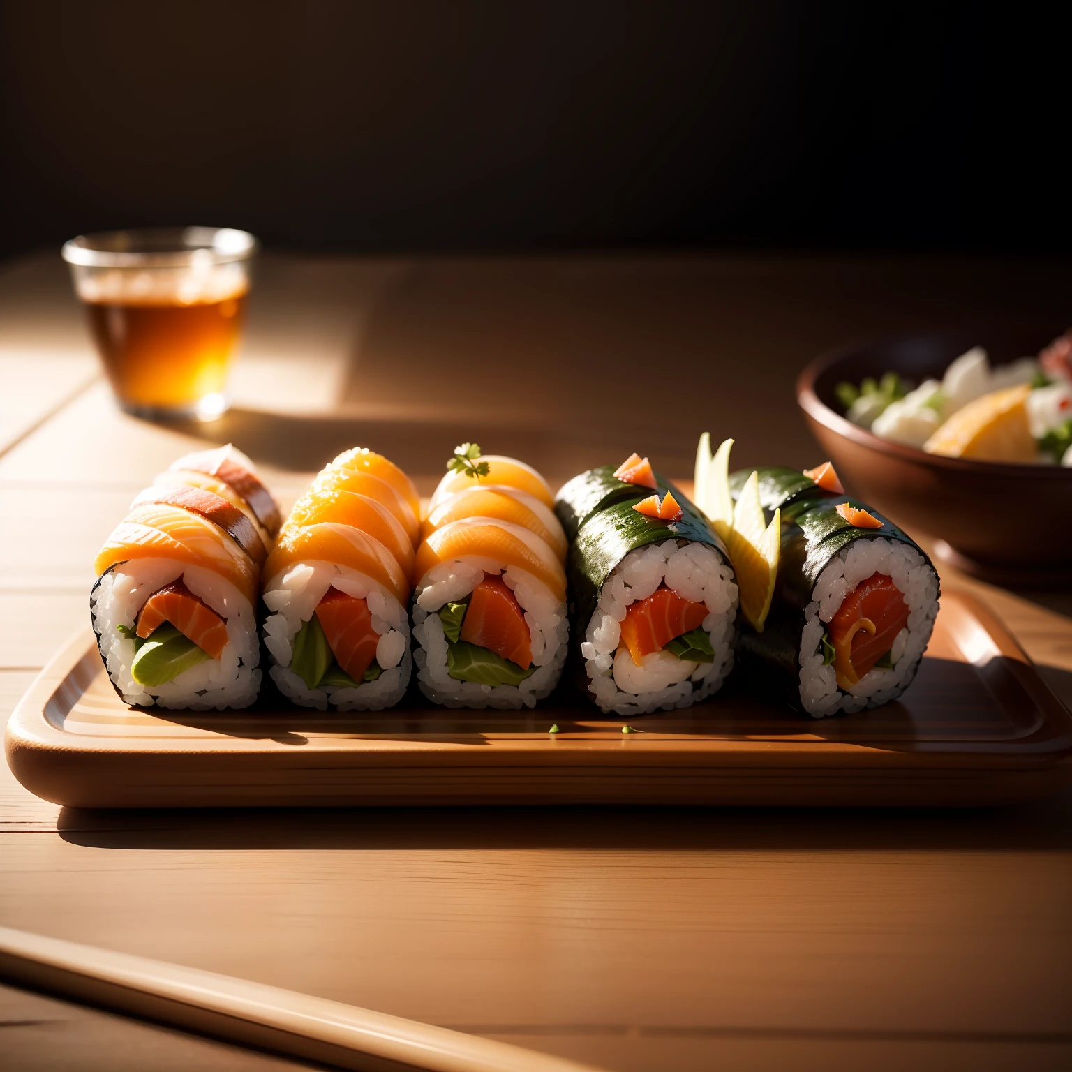 sushi, mouth-watering food photography, ultra-detailed, realistic photography, frequent lighting, studio lighting, sharp focus, best quality (photorealistic: 1.4), raw photo, award-winning photo, realistic texture, dramatic lighting, unrealistic engine, high resolution, 8k, detailed background , complex background, bright background, nice atmosphere, surrealism, very detailed food texture, high quality, high detail, high resolution, depth of field