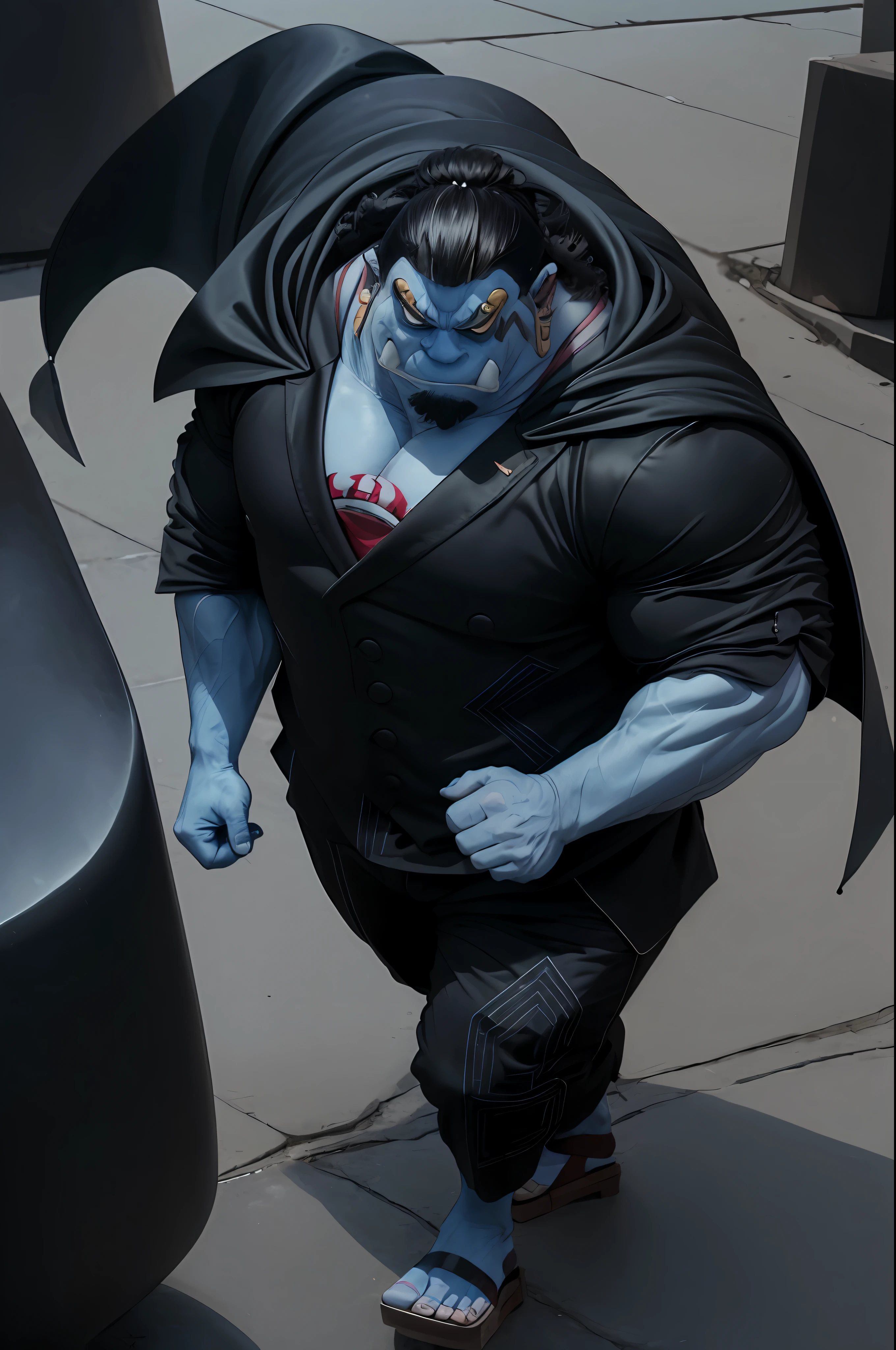 ((solo, 1boy)), (A strong and muscular man ((jinbei)) walking on a urban city), tusk, jinbei oyabun, wearing suits ((black suits)), blue skin, jinbei oyabun