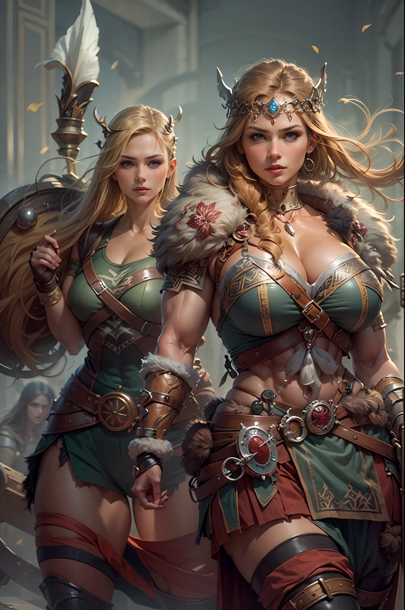 (Masterpiece, Ultra detailed: 2), (Best quality: 2), (Beautiful woman: 2), (Beautiful face: 2), Viking female warriors, Big muscles, Very big chest, Very sexy