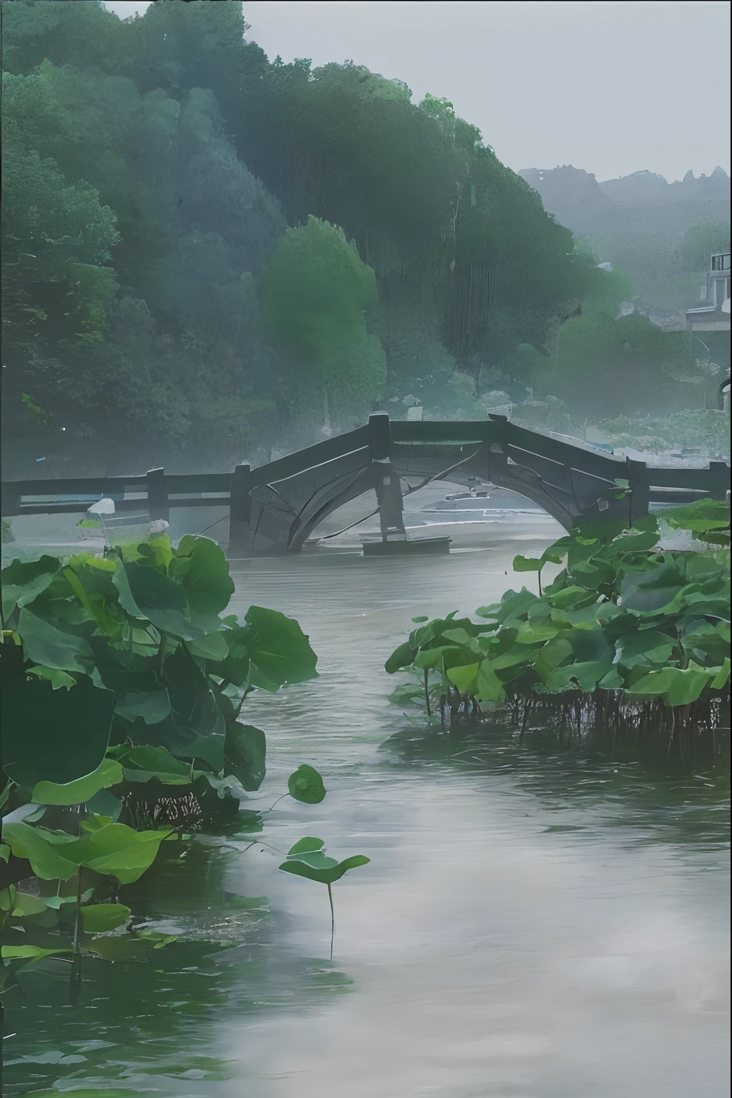 There is a bridge over the water body,There are lotus flowers on it, Hangzhou, Lotus pond, in a misty pond, author:Ann Text, dreamy Chinese towns, lotus flowers on the water, river with low hanging plants, Chinese landscape, in a foggy pond, zhouzhuang ancient town, waterlily pond, bridge over the water,Miyazaki painting style