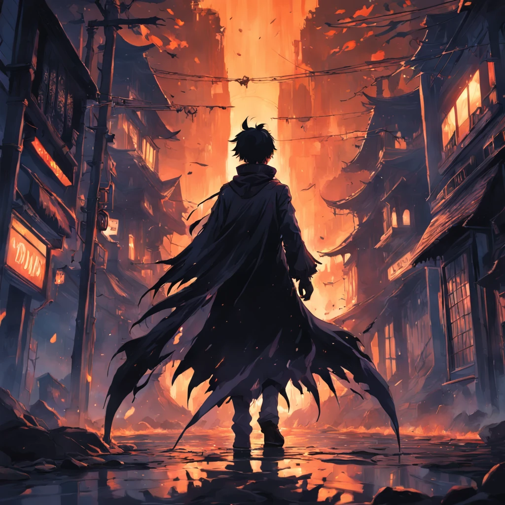Silhouette of a hunter in the city of Yanan, Bloodborne, Glowing eyes, T-shirt design, dark magic splash, Gothic, Halloween, Burn orange gradient, magic, Nature, Clean background, Magic splash, 3D vector art, Fantasy art, Watercolor effect, Bokeh, Adobe illustrator, Hand-drawn, Digital painting, Soft lighting, Isometric style, retro aesthetic, 4K 分辨率, using Cinema 4D, Natural lighting, Cinematic, Masterpiece, Highly detailed, Intricate, Extreme texture, Horror, Terry Fassing, Creepy, Scary