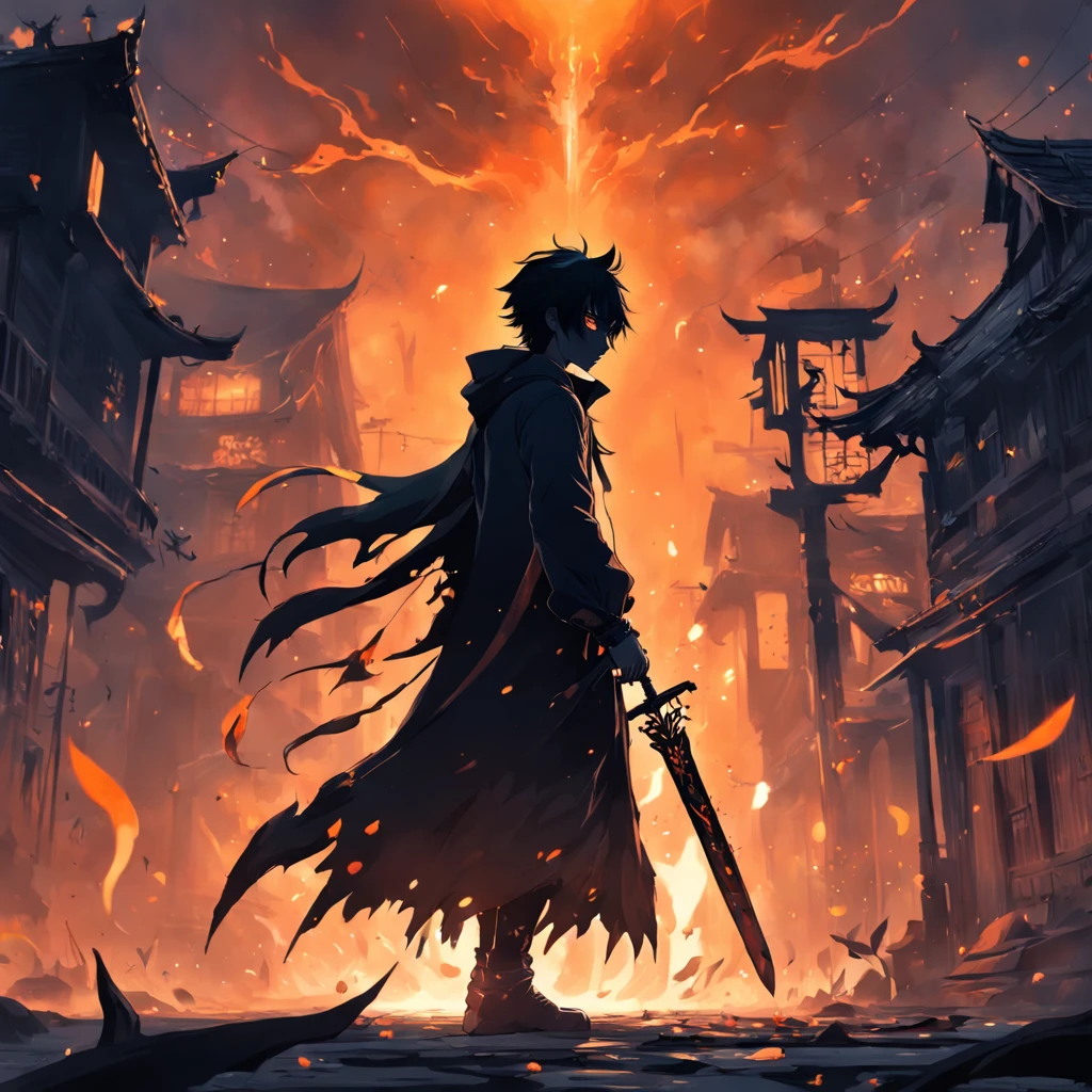 Silhouette of a hunter in the city of Yanan, Bloodborne, Glowing eyes, T-shirt design, dark magic splash, Gothic, Halloween, Burn orange gradient, magic, Nature, Clean background, Magic splash, 3D vector art, Fantasy art, Watercolor effect, Bokeh, Adobe illustrator, Hand-drawn, Digital painting, Soft lighting, Isometric style, retro aesthetic, 4K 分辨率, using Cinema 4D, Natural lighting, Cinematic, Masterpiece, Highly detailed, Intricate, Extreme texture, Horror, Terry Fassing, Creepy, Scary