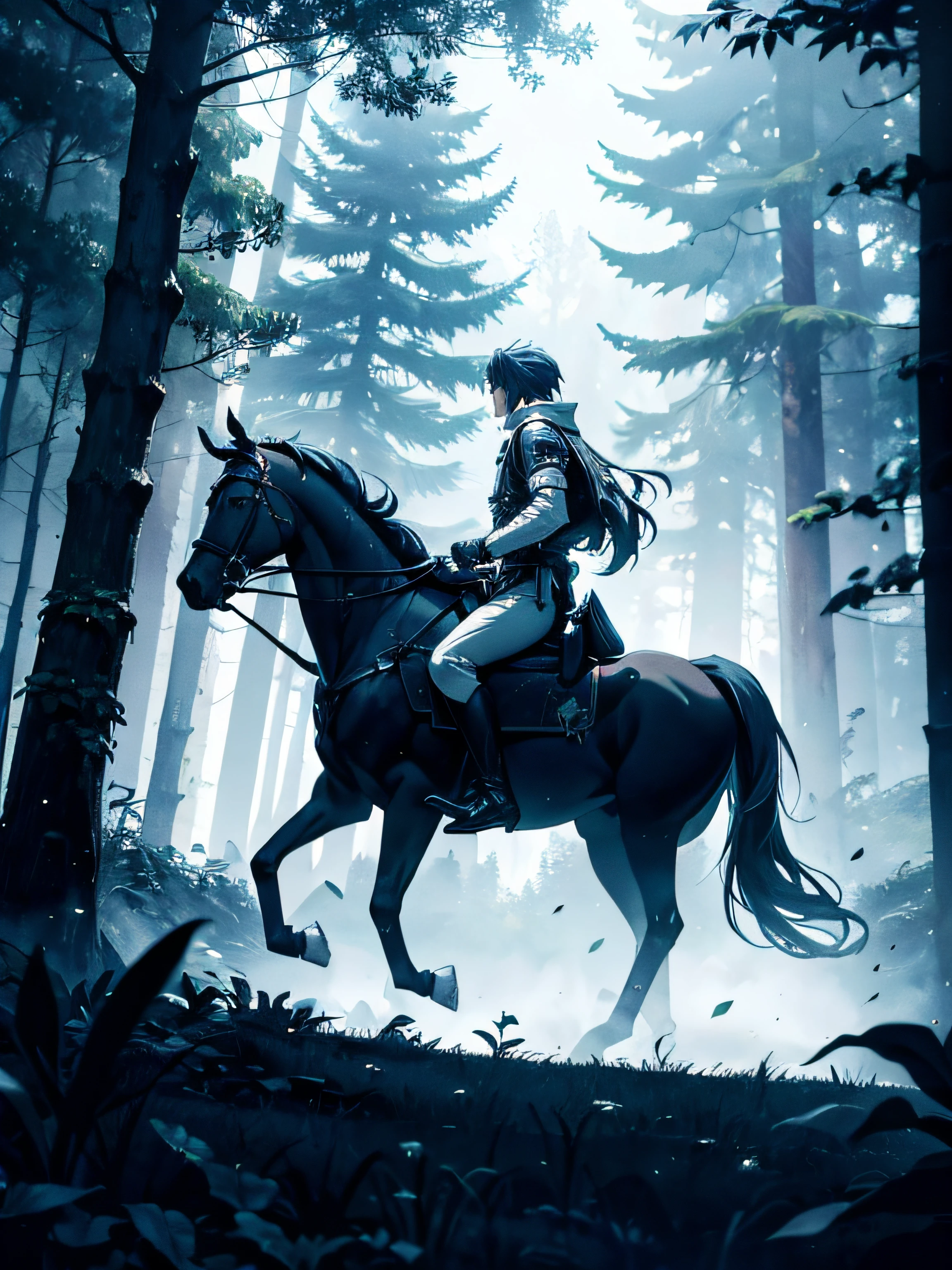 Side profile of knights walking through a forest with one on a horse , as manga comic panel, manga drawing, manga shading, 4k, horror drawing