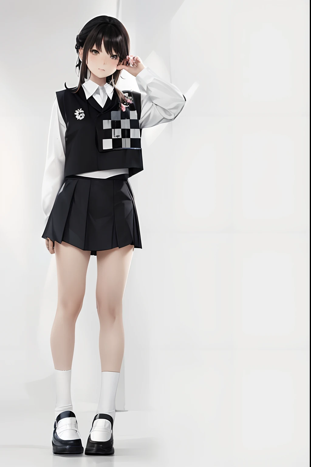 Arapei girl in school uniform poses for a photo, Magical school student uniform, wearing black vest and skirt, Japanese school uniform, japanese girl school uniform, JK school uniform, Black and white clothes, magic school uniform, school uniform, girl in uniform, seifuku, White and black clothing, Surrealism female students, in school uniform