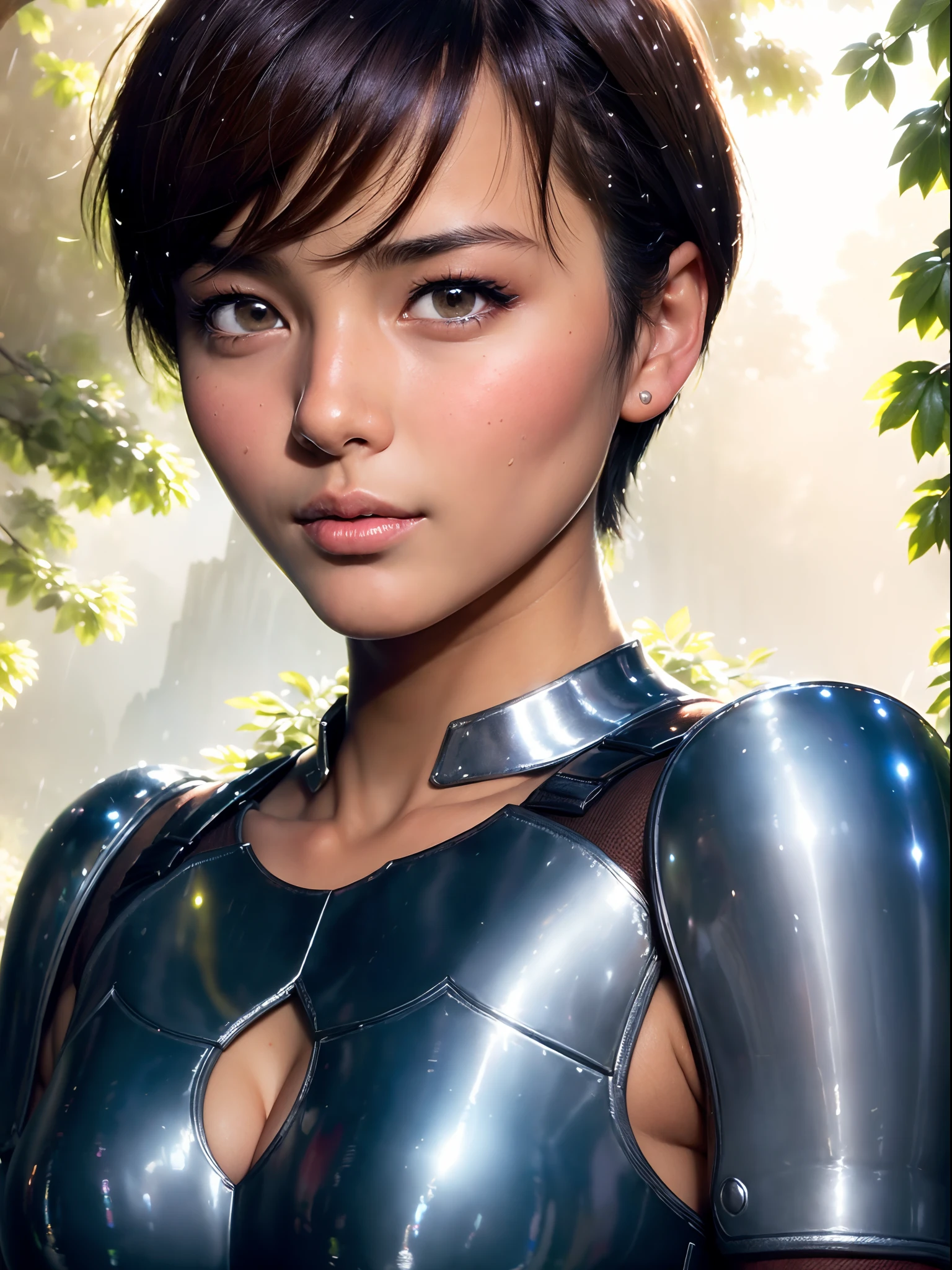 (masterpiece, best quality:1.4), (close up:1.4), (dinamic pose:1), 1girl, casca_berserk, short hair, dark skin, dark-skinned female, brown hair, brown eyes, nature, cinematic light, silver armor, (full armor, knight outfit:1.4), large breasts, cleavage, mini skirt, green field with mountains after rain, beautifull smile, beautiful face, highly detailed face, highly detailed eyes, highly detailed skin, skin pores, subsurface scattering, realistic pupils, full face blush, full lips, detailed background, depth of field, volumetric lighting, sharp focus, absurdres, realistic proportions, good anatomy, (realistic, hyperrealistic:1.4), 16k hdr,