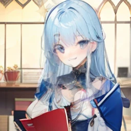 Blue and white hair， Bigchest，Sell cute very cute woman，Holding the Red Book ，a slight light，Star hair ornaments，A faint but firm smile