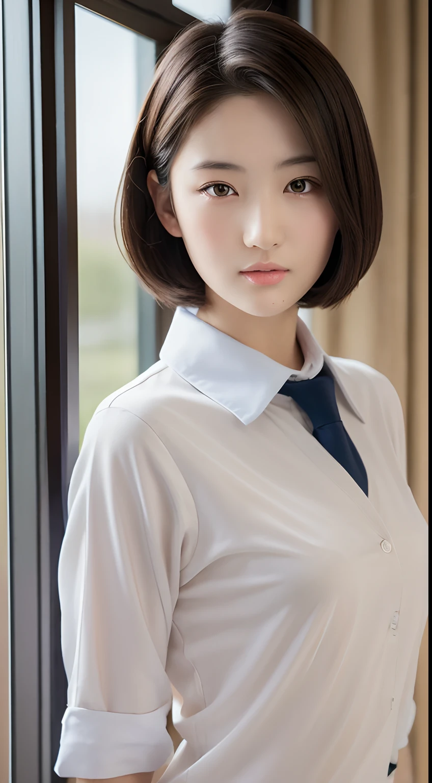 （top-quality，hight resolution，nmasterpiece：1.3），Tall and beautiful woman with slender figure，（dark brown short hair），in school uniform，is inside a school room，Facial and skin texture details are rendered beautifully，Detailed eyes，二重まぶた，