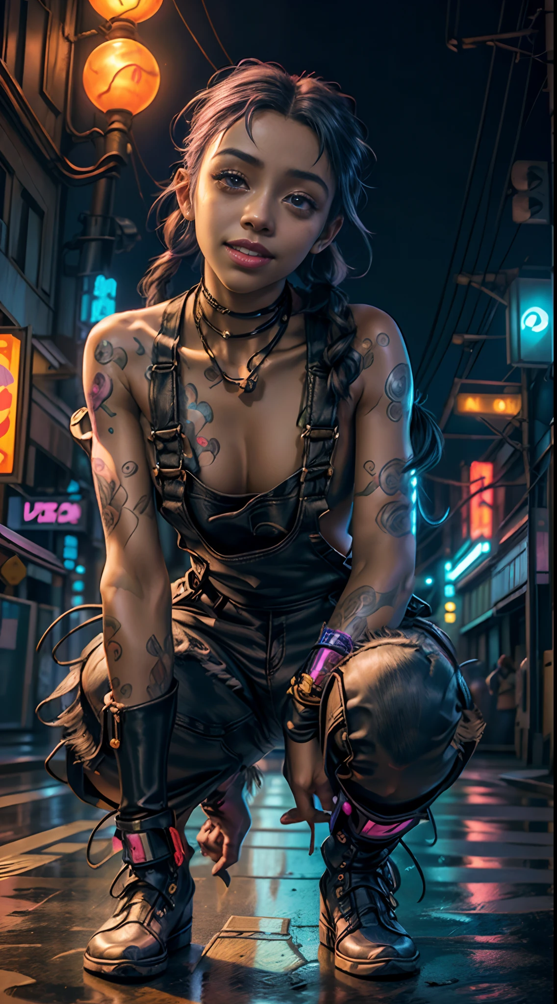 An 18-year-old African-American girl crouched on the floor,((sorrindo)), (wearing torn and dirty overalls)( Neon colored rainbow hair) curto cacheado, tatuagens no corpo e no rosto , olhos grandes azuis, (Neon city background at night),Fleshy lips of the mouth with red lipstick, with the medallion on the neck,brinco, penetrante , seios grandes, ,Tatuada no rosto, ,(Pigtails de cabelo com gravatas)detalhes intricados ( 8k super realista) em uma ((cidade a noite com fundo neon cyberpunk)) colorful neon