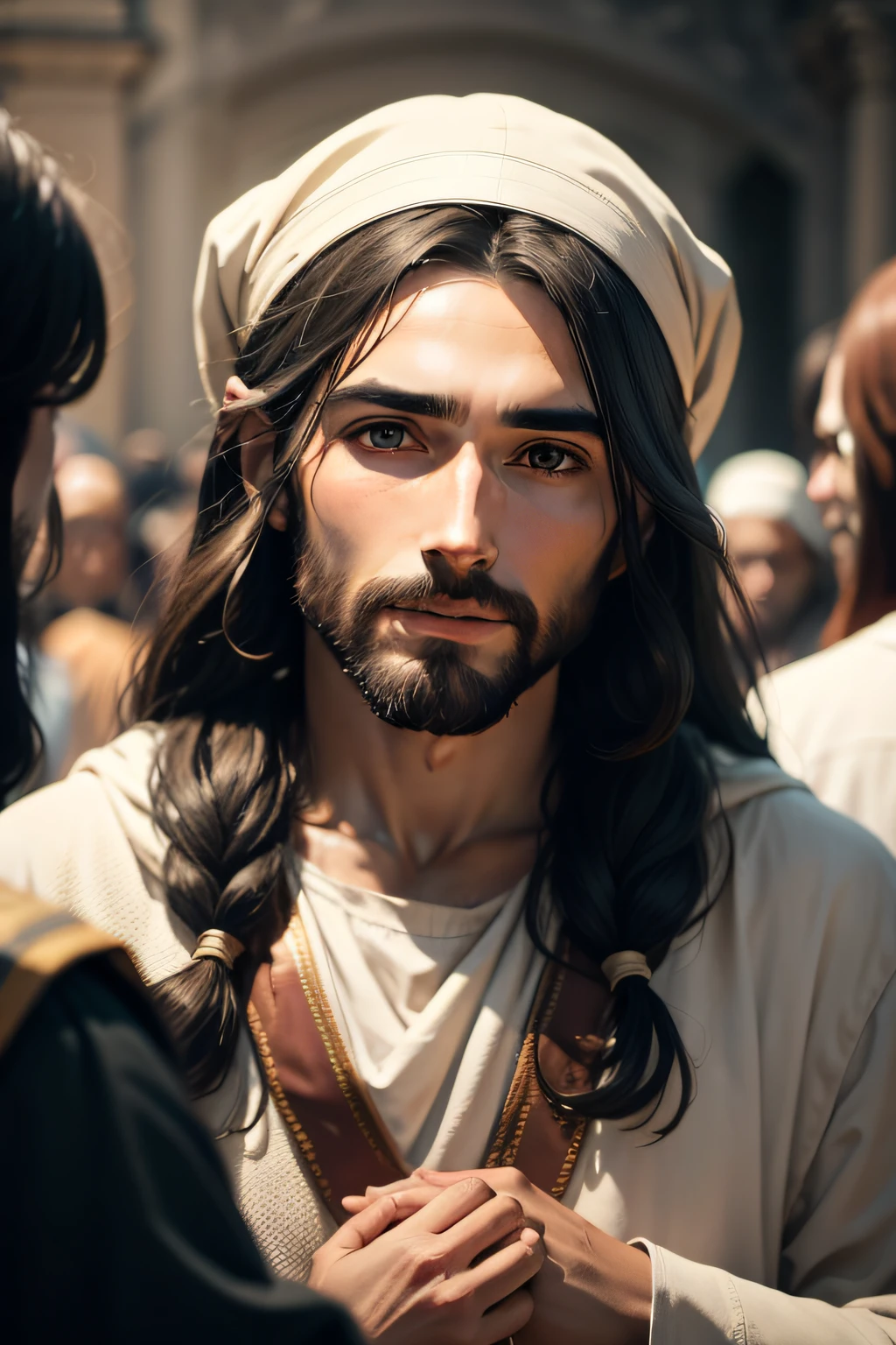 Jesus talking with people, in front of camera, looking to a camera