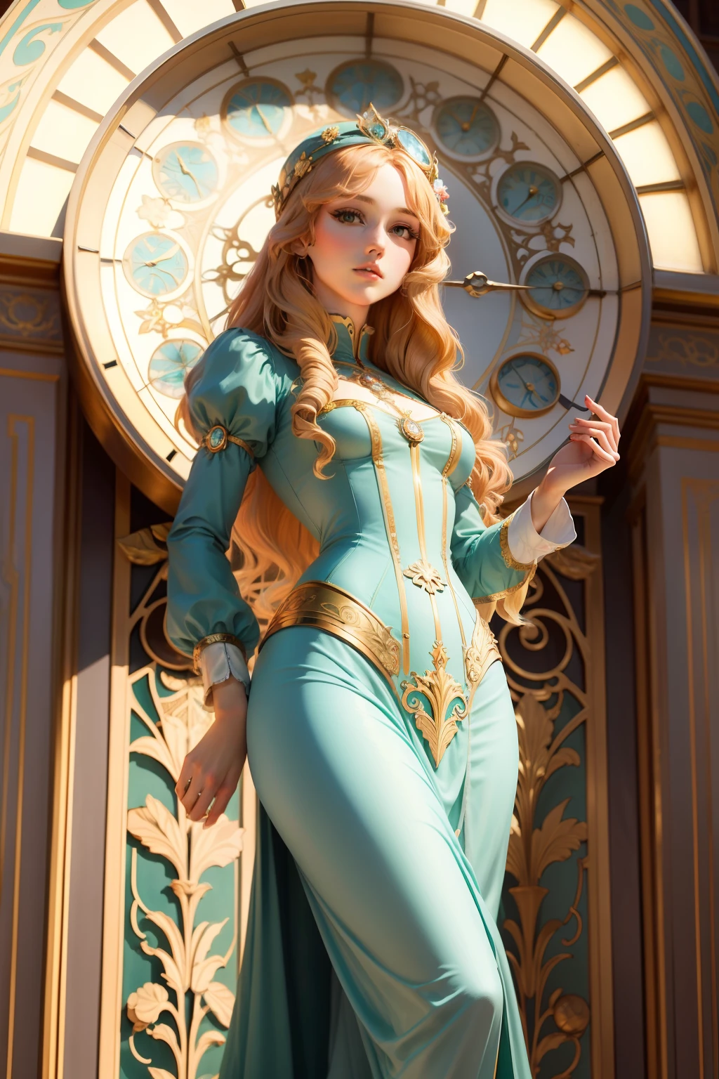 orologio stile Tiffany, art nouveau, ragazza , capelli lunghi, biondi, abbigliamento primavera di Botticelli