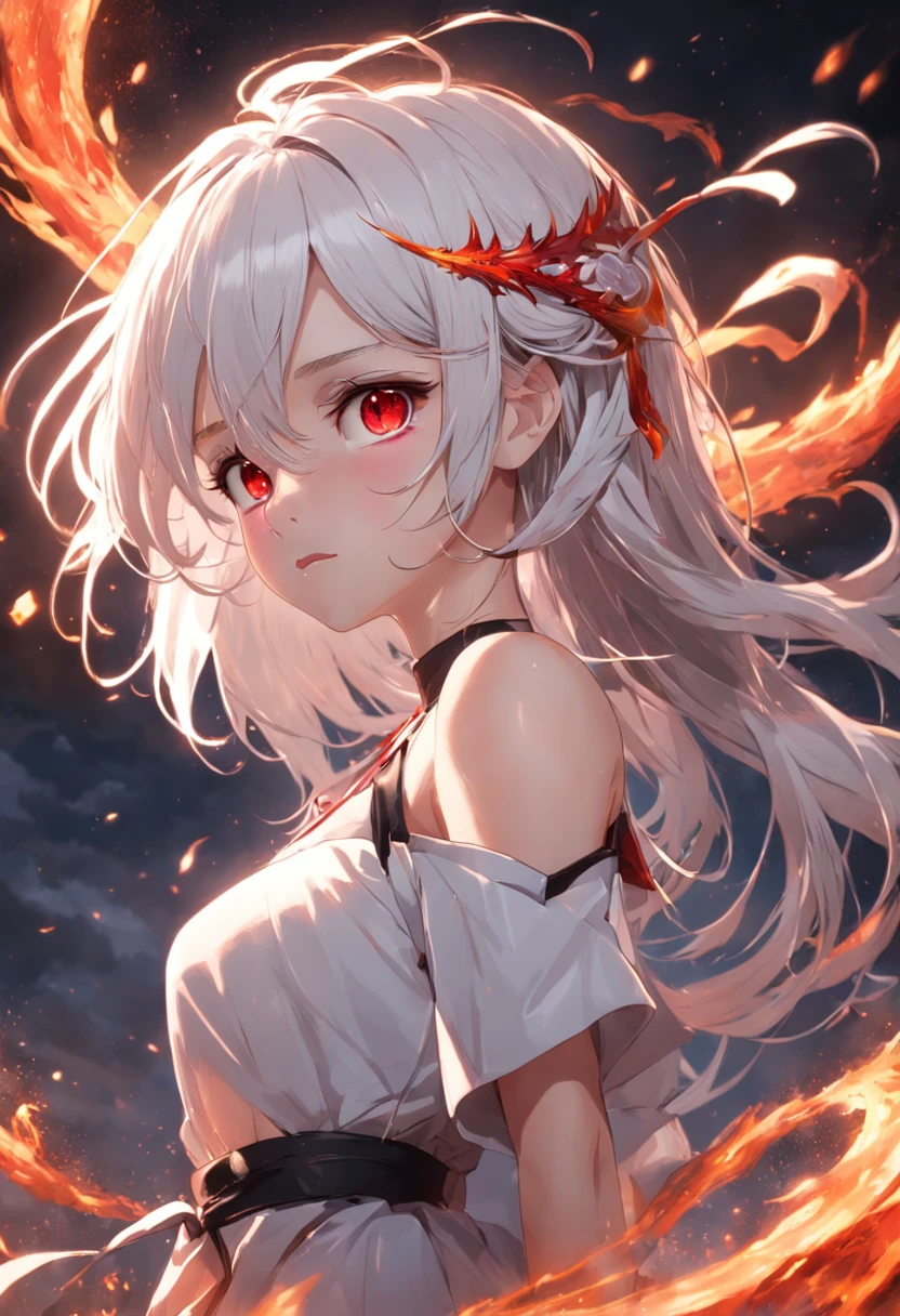 ((High quality CG illustration with heavy texture：Top masterpieces),Extremely realistic，Extremely fine，(Girl with white hair),Fiery red pupils，enigmaticandcaptivating)