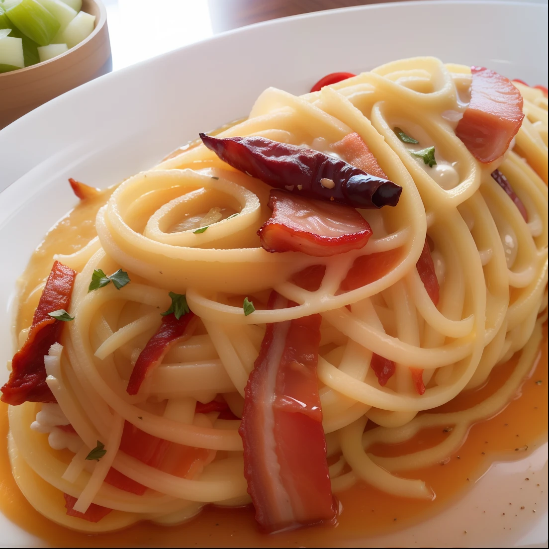 Super Detail 8kCG、masterpiece、hightquality、top-quality、foodphoto、Peperoncino、bacon、garlic、chili pepper