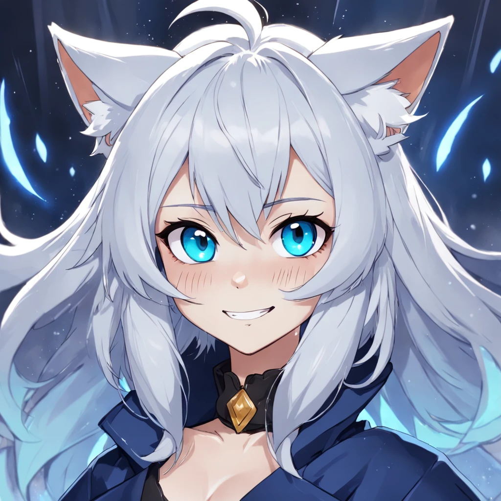 tmasterpiece,best qualtiy,cinematic Film still from,White hair,Anime - style image of a cat with blue eyes and a black coat, fursona art, furry character portrait, very very beautiful furry art, fursona furry art commission, fursona commission, fursona!!!!, furry fursona, portrait of an anthro fox, anthro portrait, Furry art!!!, Furry character, commission for high resolution, Detailed fanart,Rain background,rainbowing,portrait of zeraora,smiling expression!!!!felid,Black color hair!!!!There is a purple pearl pendant around the neck!!!!!!!Most of the blue hair on the face!!!!!!!The face has blue-blue fur!!!!!!ssmile,The nose of the cat!!!!White color hair