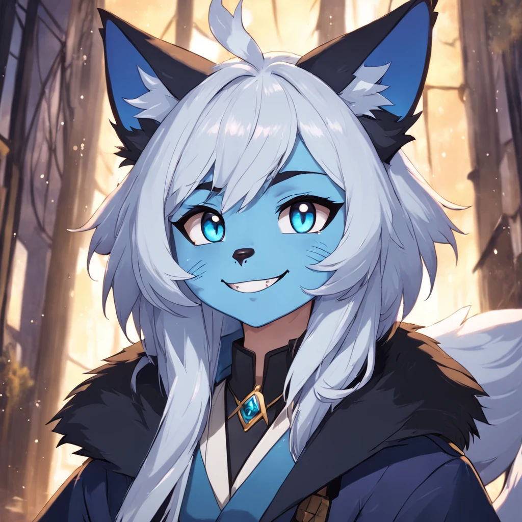 tmasterpiece，best qualtiy，cinematic Film still from,White hair，Anime - style image of a cat with blue eyes and a black coat, fursona art, furry character portrait, very very beautiful furry art, fursona furry art commission, fursona commission, fursona!!!!, furry fursona, portrait of an anthro fox, anthro portrait, Furry art!!!, Furry character, commission for high resolution, Detailed fanart,Rain background,rainbowing，portrait of zeraora，smiling expression!!!!felid，Black color hair!!!!There is a purple pearl pendant around the neck!!!!!!!Most of the blue hair on the face!!!!!!!The face has blue-blue fur!!!!!!ssmile,The nose of the cat!!!!White color hair