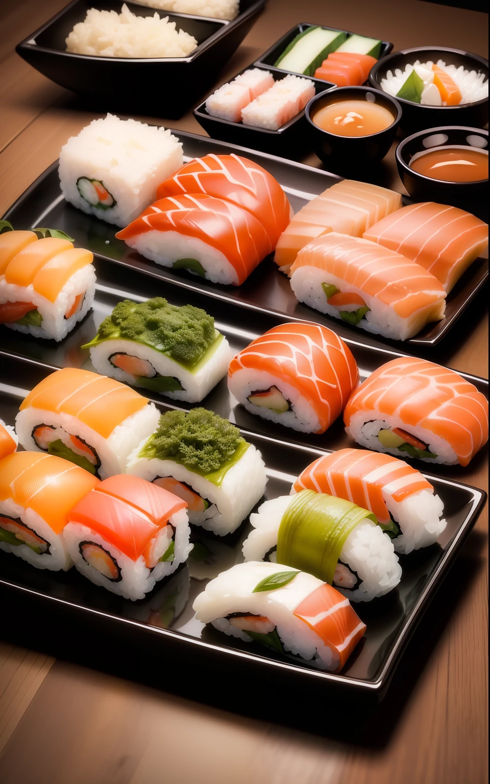 sushi, mouth-watering food photography, ultra-detailed, realistic photography, frequent lighting, studio lighting, sharp focus, best quality (photorealistic: 1.4), raw photo, award-winning photo, realistic texture, dramatic lighting, unrealistic engine, high resolution, 8k, detailed background , complex background, bright background, nice atmosphere, surrealism, very detailed food texture, high quality, high detail, high resolution, depth of field