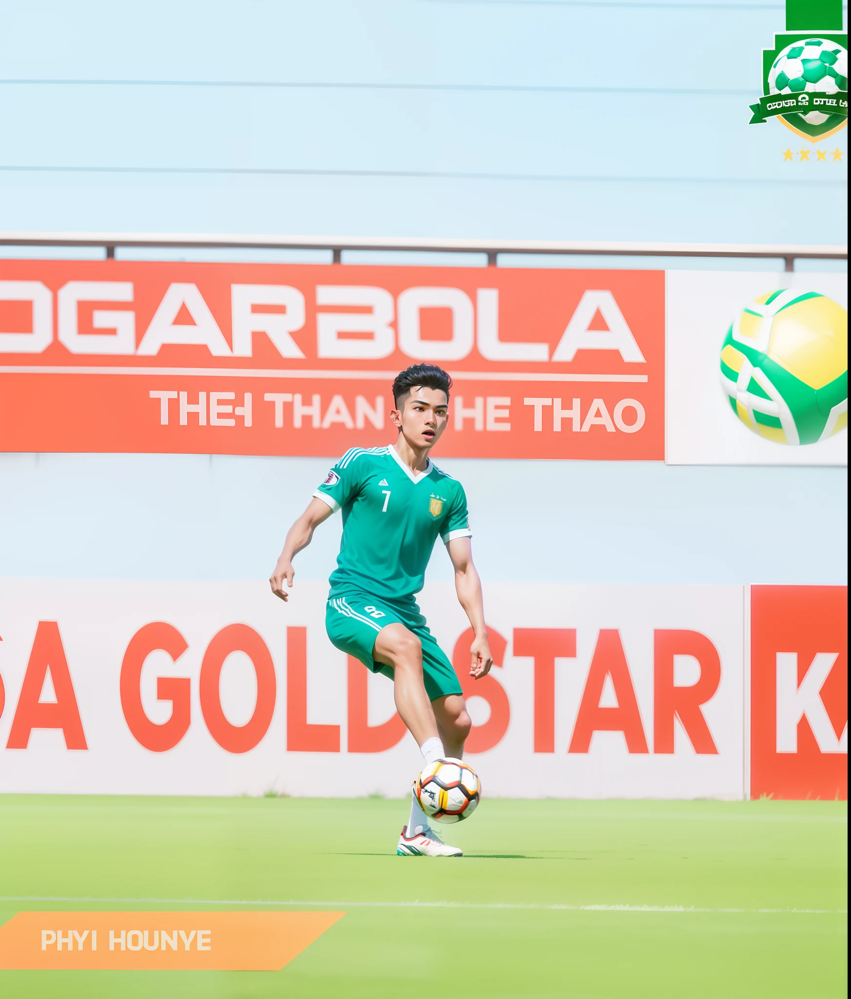 there is a young man holding a soccer ball on a field, mohamed chahin style, thawan duchanee, nivanh chanthara, very very low quality picture, mohamed chahin, dribble contest winner, quy ho, trending dribble, hoang long ly, made with photoshop, bao pham, khyzyl saleem, football player