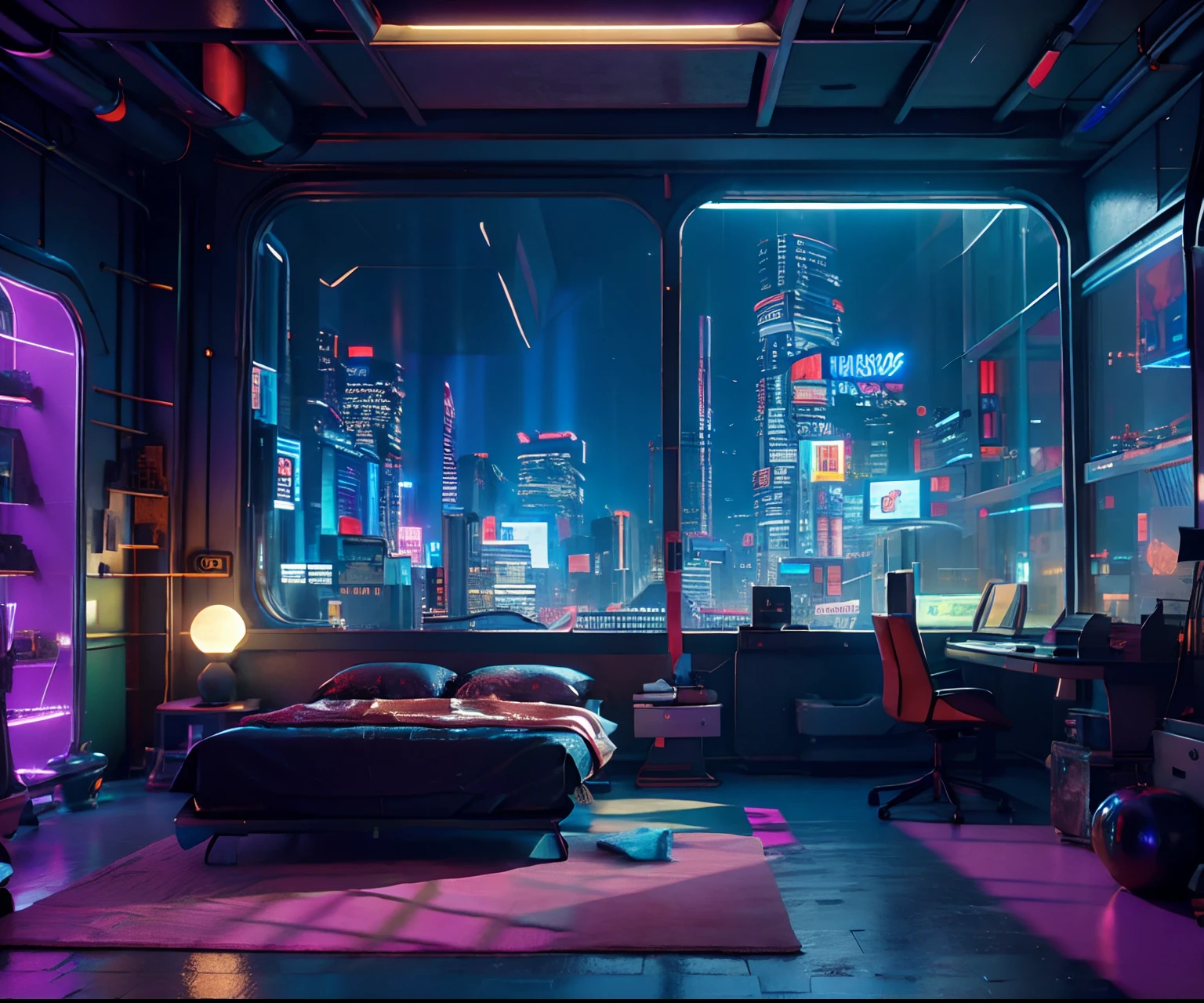 ((masterpiece)), (ultra-detailed), (intricate details), (high resolution CGI artwork 8k), Create an image of a retro futuristic cyberpunk bedroom. One of the walls should feature a big window with a busy, colorful, and detailed cyberpunk cityscape. Futuristic style with lots of colors and LED lights. The cityscape should be extremely detailed with depth of field. Utilize atmospheric lighting to create depth and evoke the feel of a busy futuristic city outside the window. Pay close attention to face details like intricate, hires eyes and bedroom accents. Camera: wide shot showing the room and the window. The window should be the focal point of the image. Lighting: use atmospheric and volumetric lighting to enhance the cityscape details. The room should be illuminated by the neon lights from the cityscape.