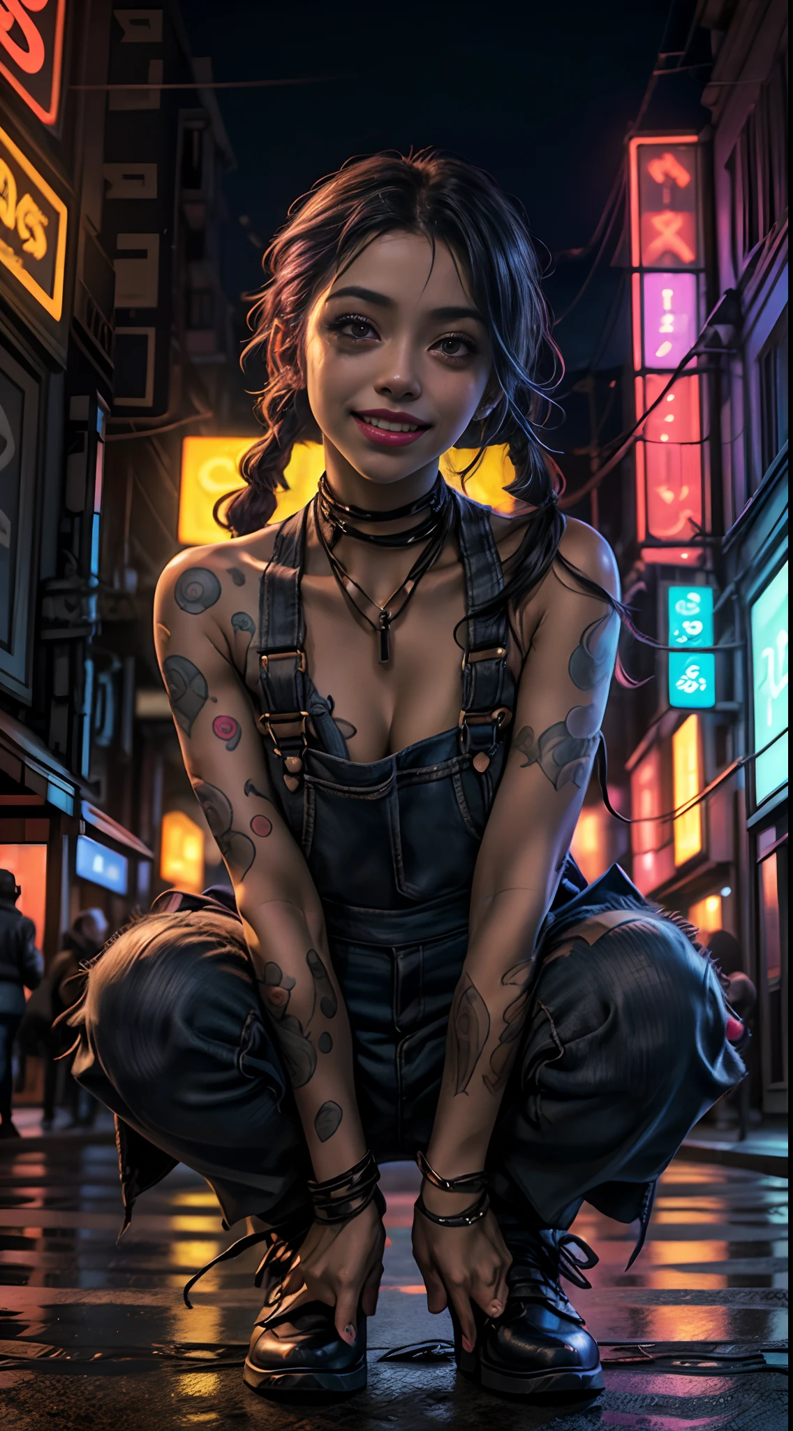 An 18-year-old African-American girl crouched on the floor,((sorrindo)), (wearing torn and dirty overalls)( Neon colored rainbow hair) curto cacheado, tatuagens no corpo e no rosto , olhos grandes azuis, (Neon city background at night),Fleshy lips of the mouth with red lipstick, with the medallion on the neck,brinco, penetrante , seios grandes, ,Tatuada no rosto, ,(Pigtails de cabelo com gravatas)detalhes intricados ( 8k super realista) em uma ((cidade a noite com fundo neon cyberpunk)) neon colorido