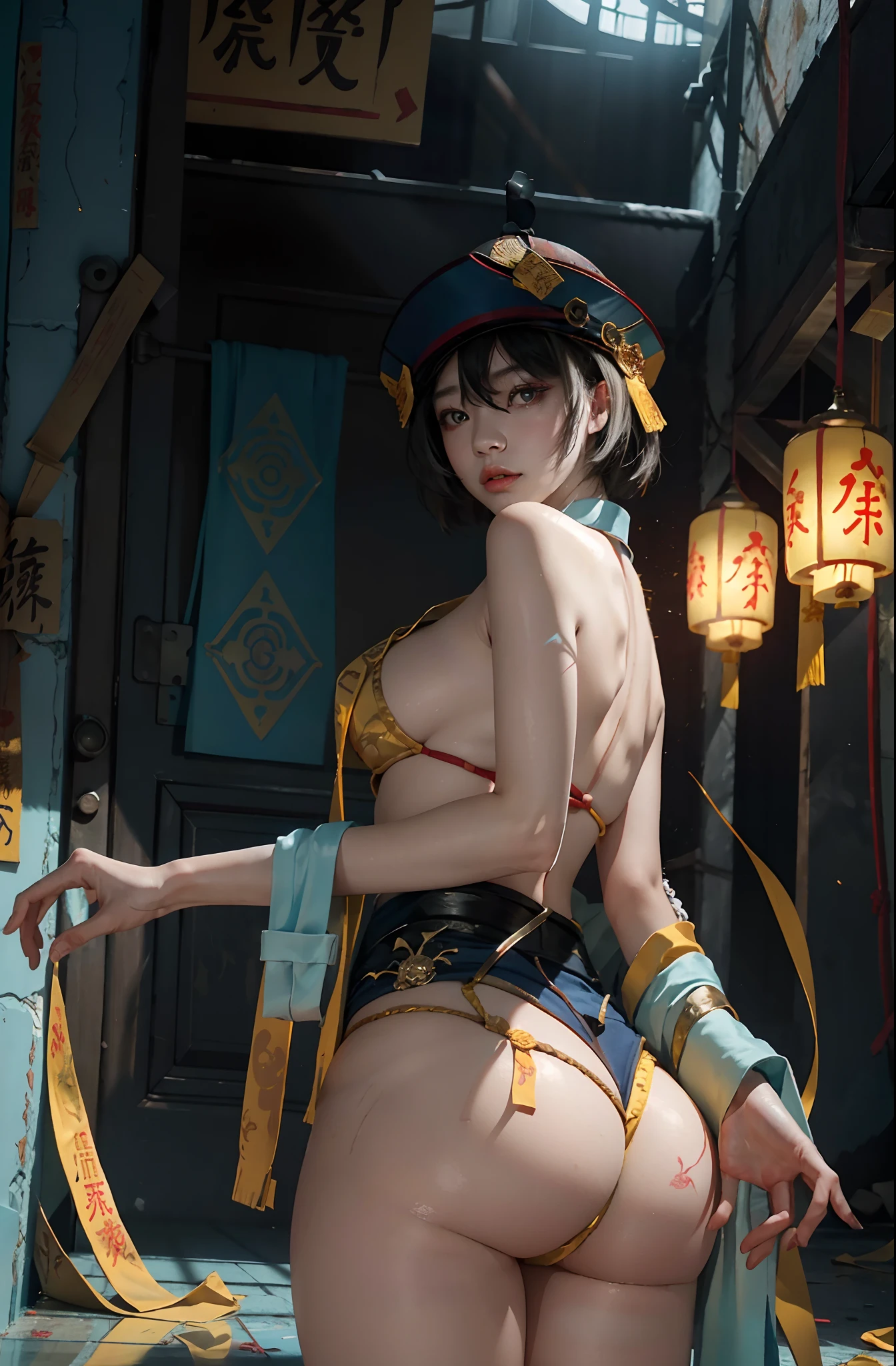 RAW, tmasterpiece, ultra fine photos, best qualtiy, 超高分辨率, realisticlying, rays of sunshine,A beauty,Yellow rune paper was pasted on his face,There are many yellow Taoist talisman papers pasted on the body,Shabby cheongsam,Female zombies,Hong Kong Lin Zhengying zombie movie character,Cyan skin,White skin of the, stunningly beautiful, dynamicposes, delicated face, Abandoned warehouse background, untidy, opulent, highdetailskin, Realistic details of skin, tack sharp focus, volumettic light, 8k UHD, digital SLR camera, high high quality, filmgrain, photorealisti, lomography