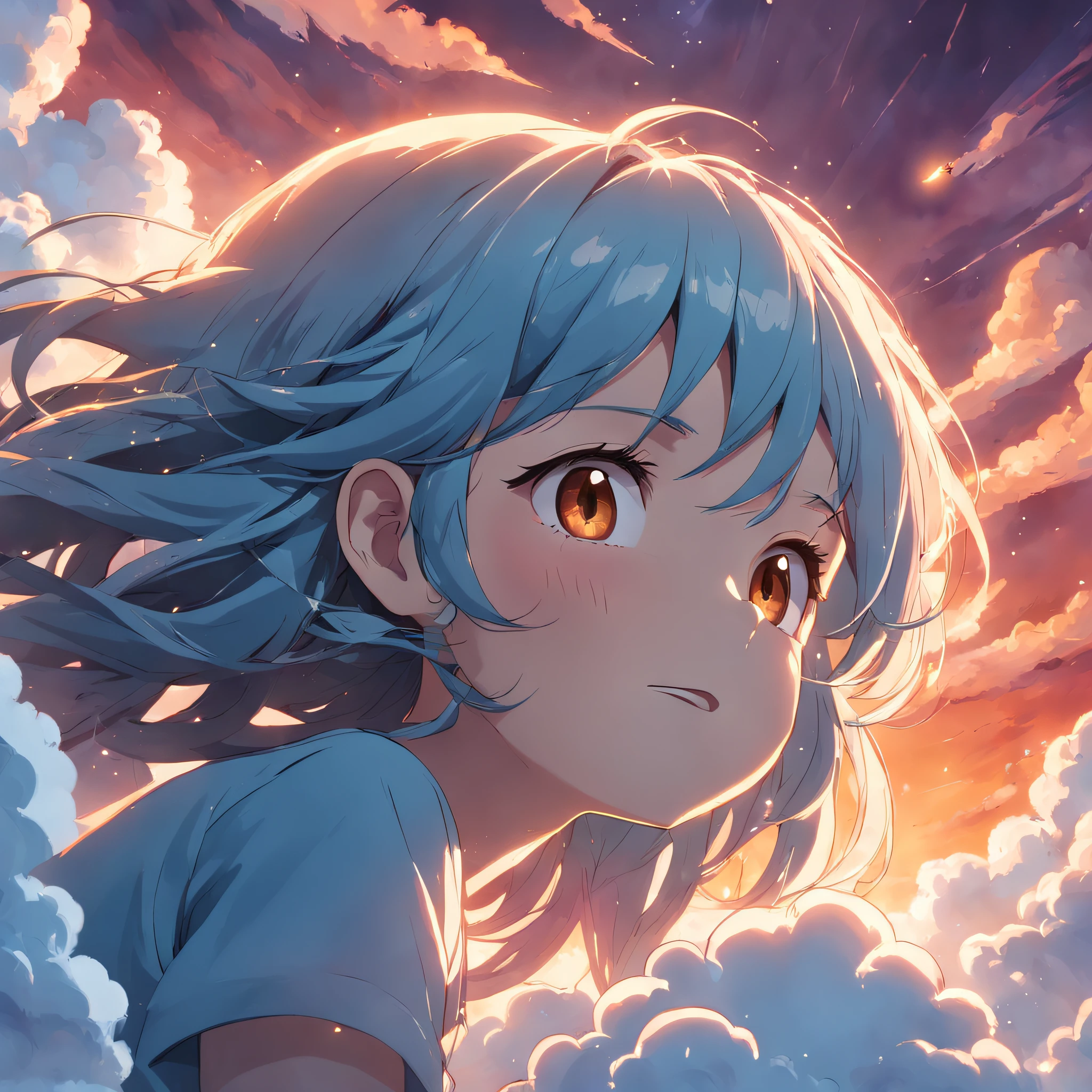 masterpiece, best quality, movie still, 1girl, cloud girl, floating in the sky, close-up, bright, happy, warm soft lighting, sunset, (sparks:0.7)