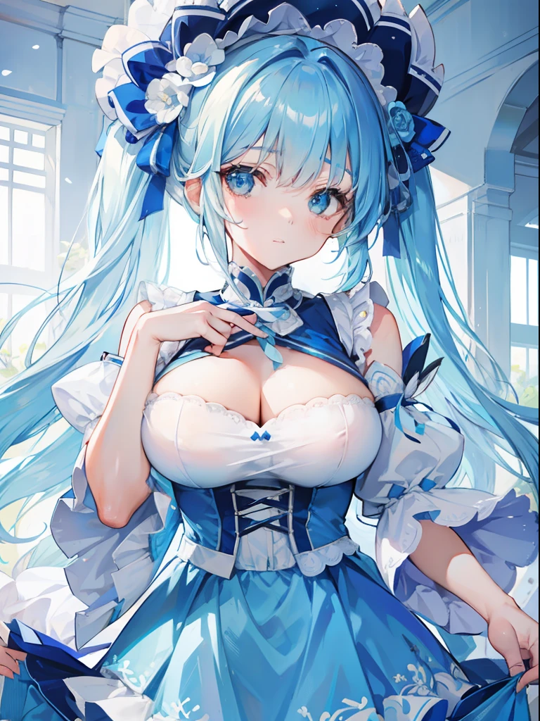 blue hairs，Blue and white clothes，Sexy big breasts，Sell cute very cute sweet girl