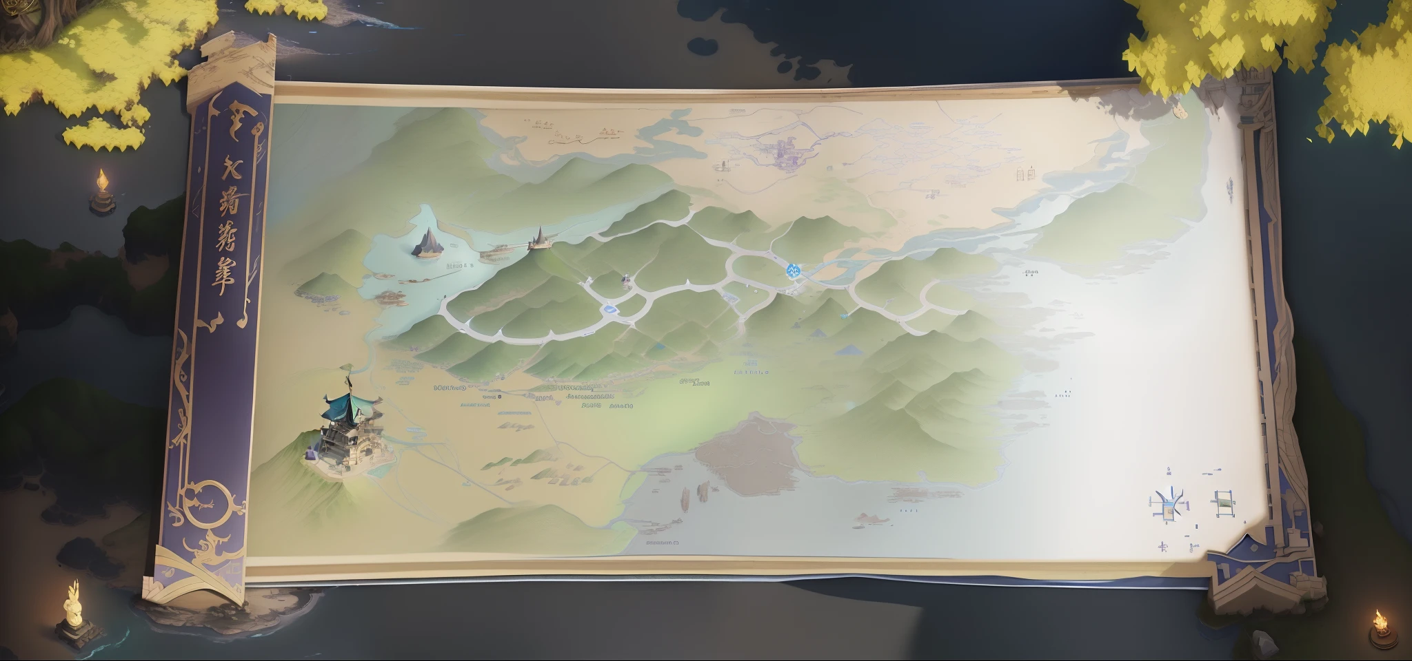There is a map of a small island with a river, Onmyoji detailed art, onmyoji, steam workshop maps, Game map, highly detailed map, mythological map, ancient fantasy regional map, ancient map, facing worlds map, game map matte painting, Detailed map, Beautifully 2.5D map, Map of Patryne, legend of korra setting