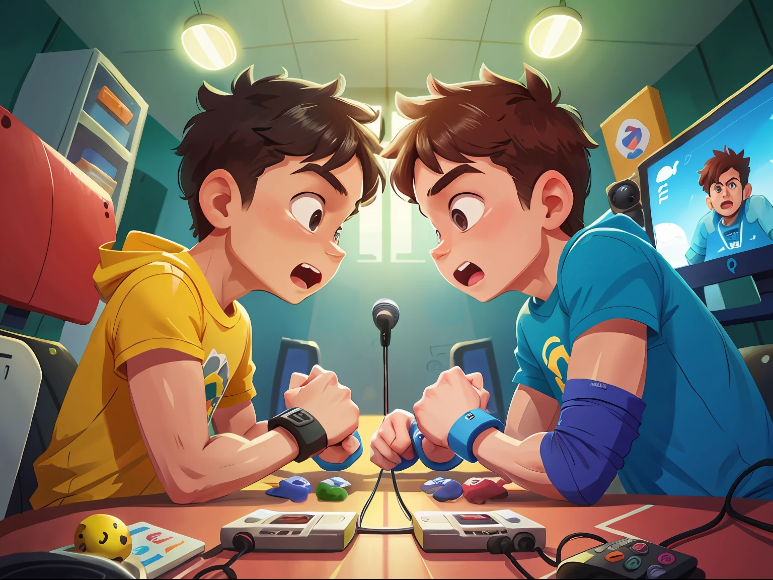Two brothers,They fight against each other in arcades,Game City,Game hall background,Os amigos,challenge,e-Sport,Fight,The two brothers face to face,