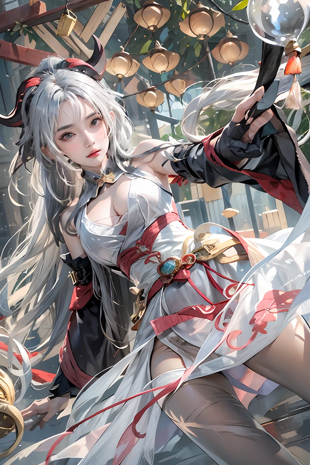 Photorealistic, high resolution, 1womanl, Solo, Hips up, view the viewer, (Detailed face), Narrow waist, closedlips, White hair, Long hair,Ganyu \(Genshin Impact\), bangs, Bare shoulders, bell, Black gloves, Black pantyhose, Blush, Breasts, Chinese knot, horn, Detached sleeves, jewelry