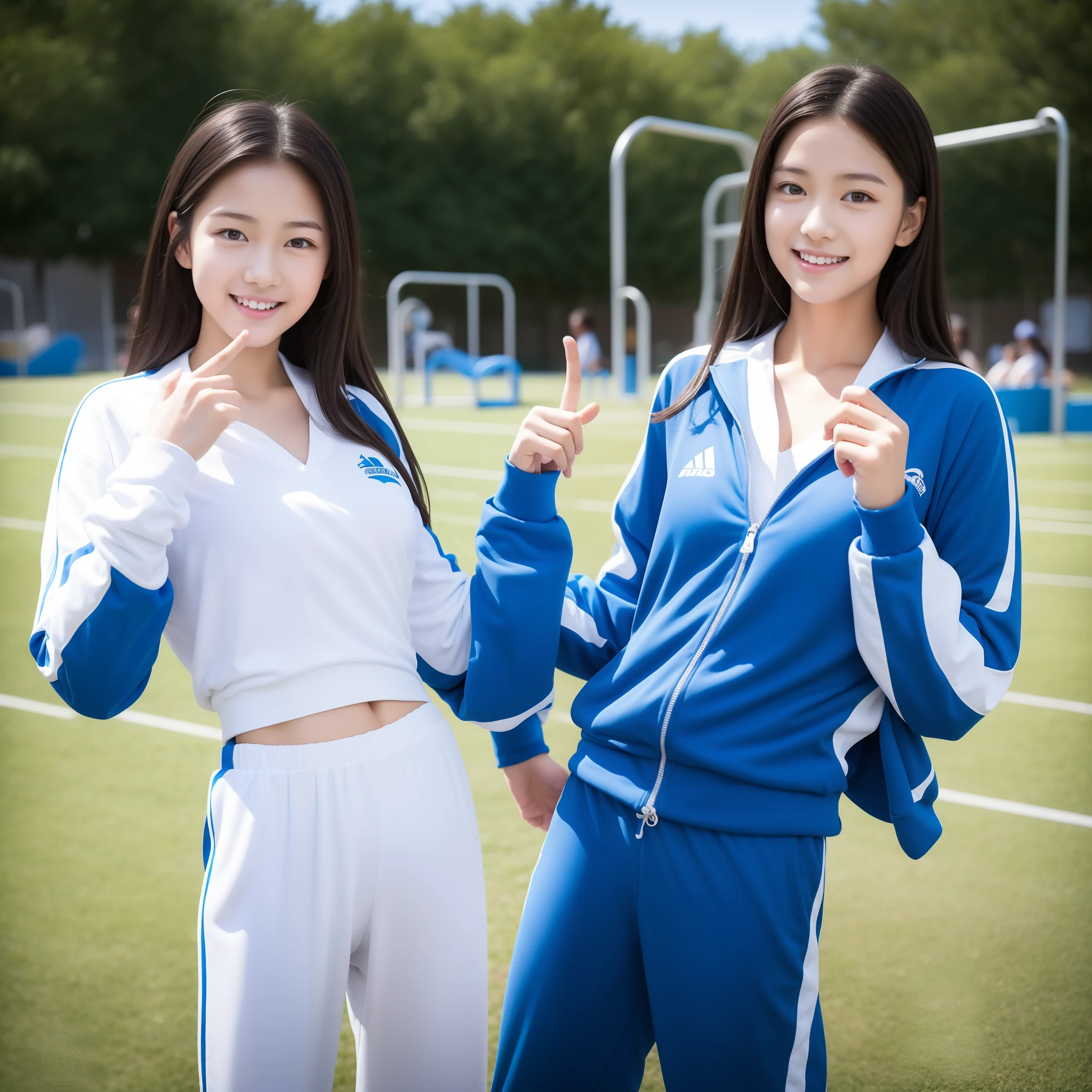 Beautiful high school student playing in blue and white tracksuit playing on school playground,Super high value,perfect body figure,beautiful hairl,Delicate hair,Fair face and skin,Beads of sweat hang down,Have fun on the playground,big full breasts,Chest hyperexcion,Clothes are tight,Delicate fair and soft toes,detailed finger,fully body photo
